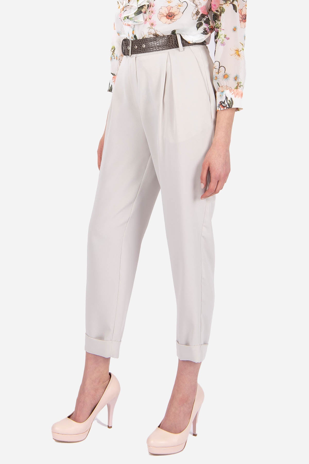 FRN LINE – Beige Pleated Tapered Trousers with Belt for Women FRN2000