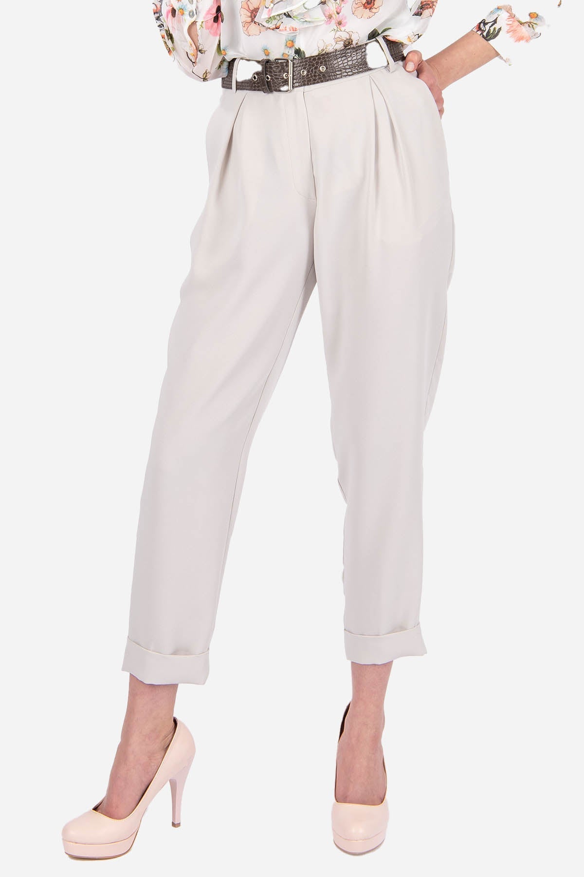 FRN LINE – Beige Pleated Tapered Trousers with Belt for Women FRN2000