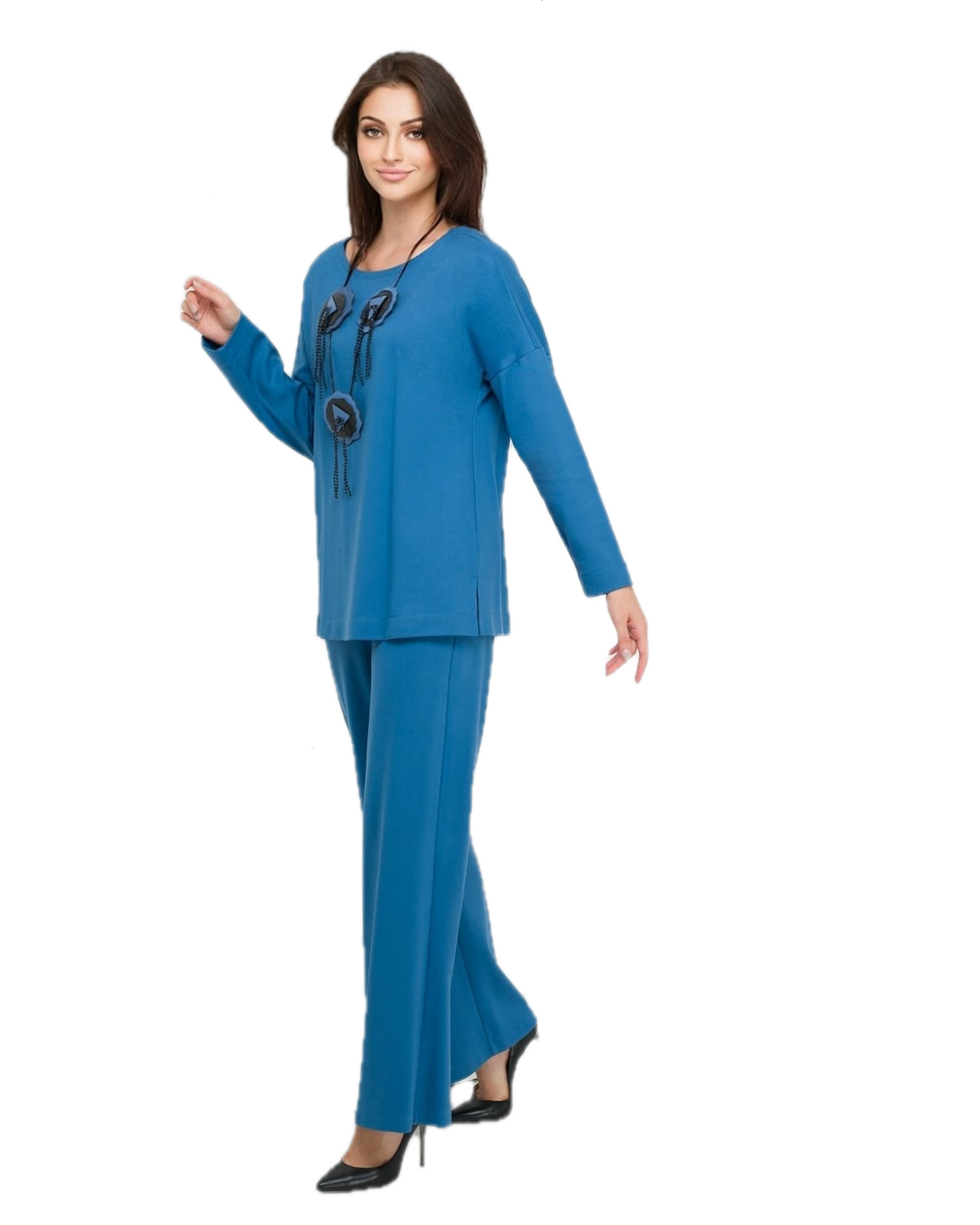FRN LINE – Blue Knit Flared-Leg Top and Pants Set for Women FRN6101