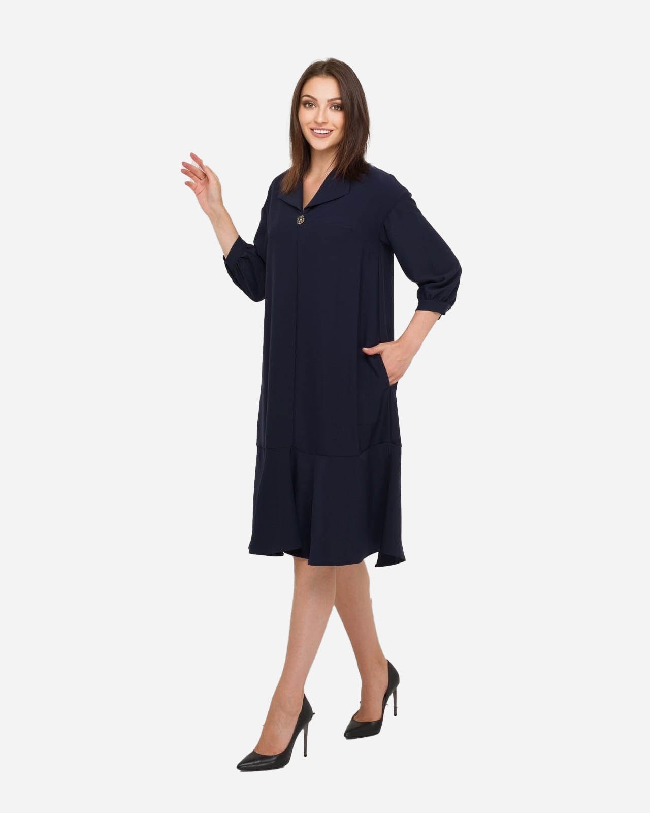 FRN LINE – Navy V-Neck Dress with Jewel Buttons for Women