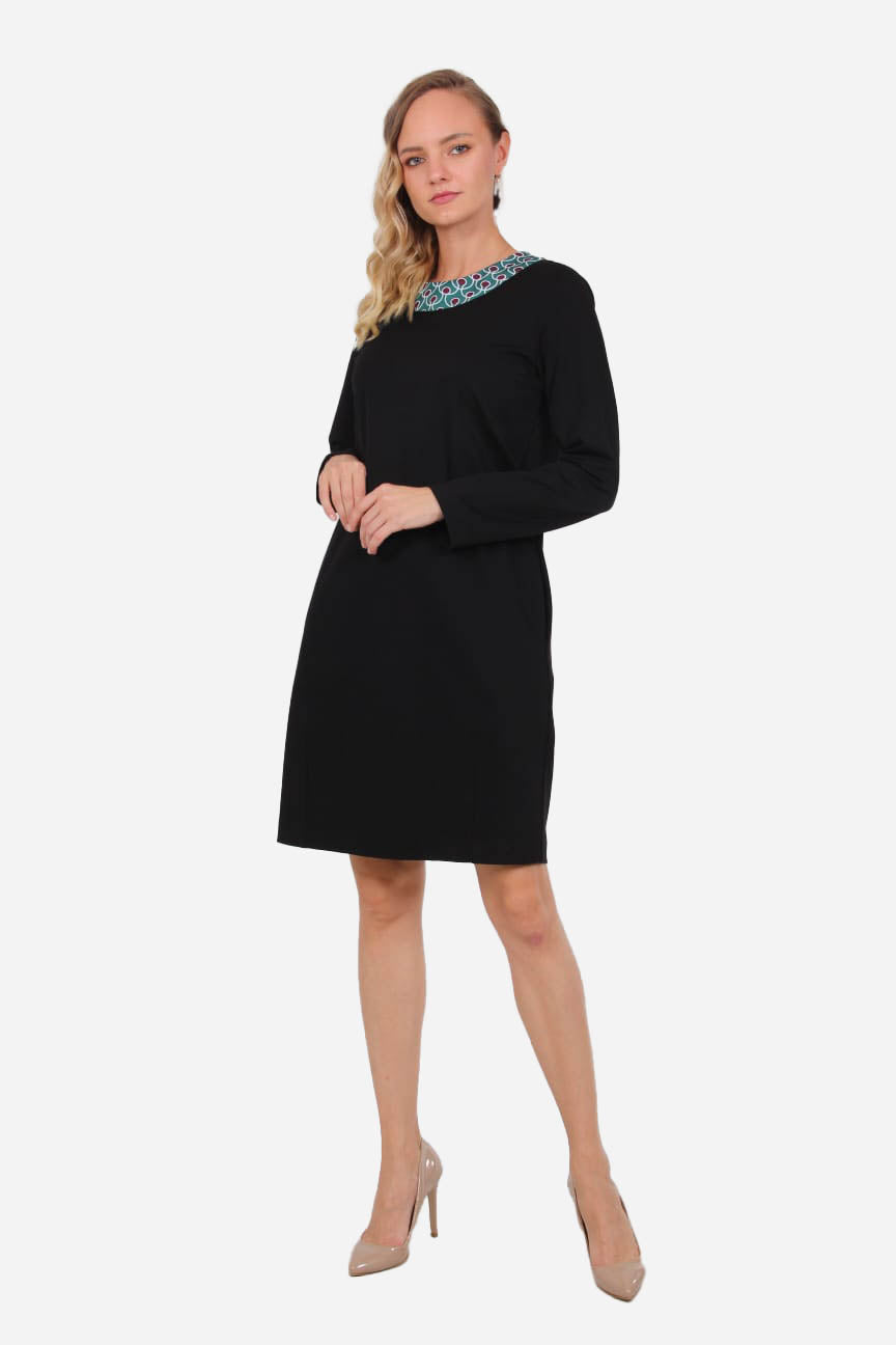 FRN LINE – Black Knit Dress with Patterned Collar Detail for Women FRN3110