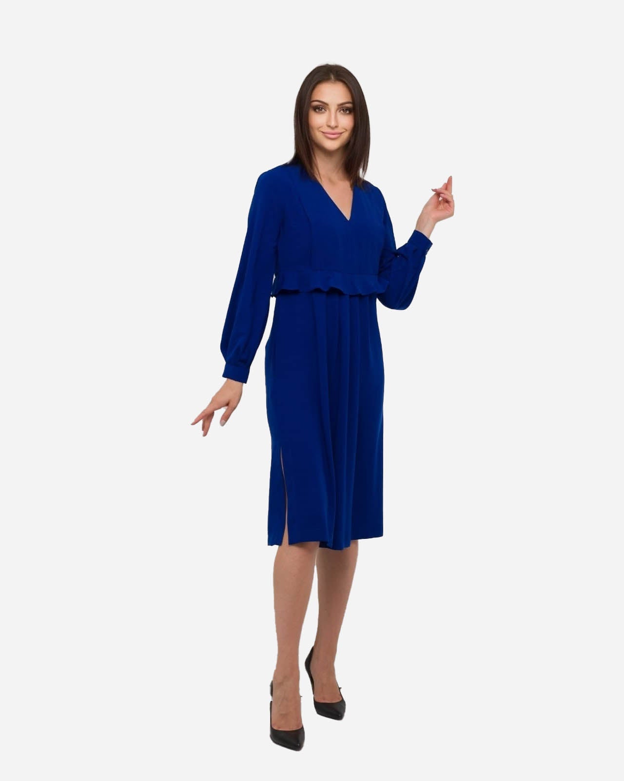 FRN LINE – Blue Midi Dress with Ruffle Detail