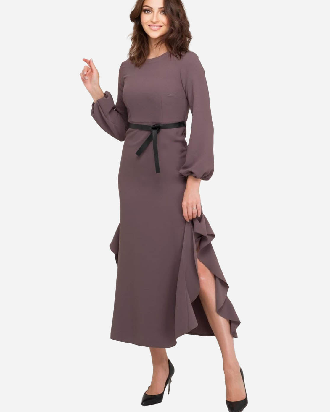 FRN LINE – Grey Long Sleeve Flared Midi Dress with Ruffled Panels for Women FRN3104
