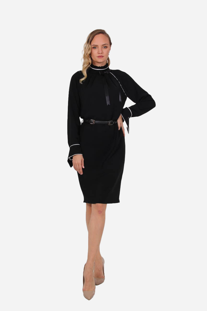 FRN LINE – Black High-Neck Dress with Bow Detail for Women