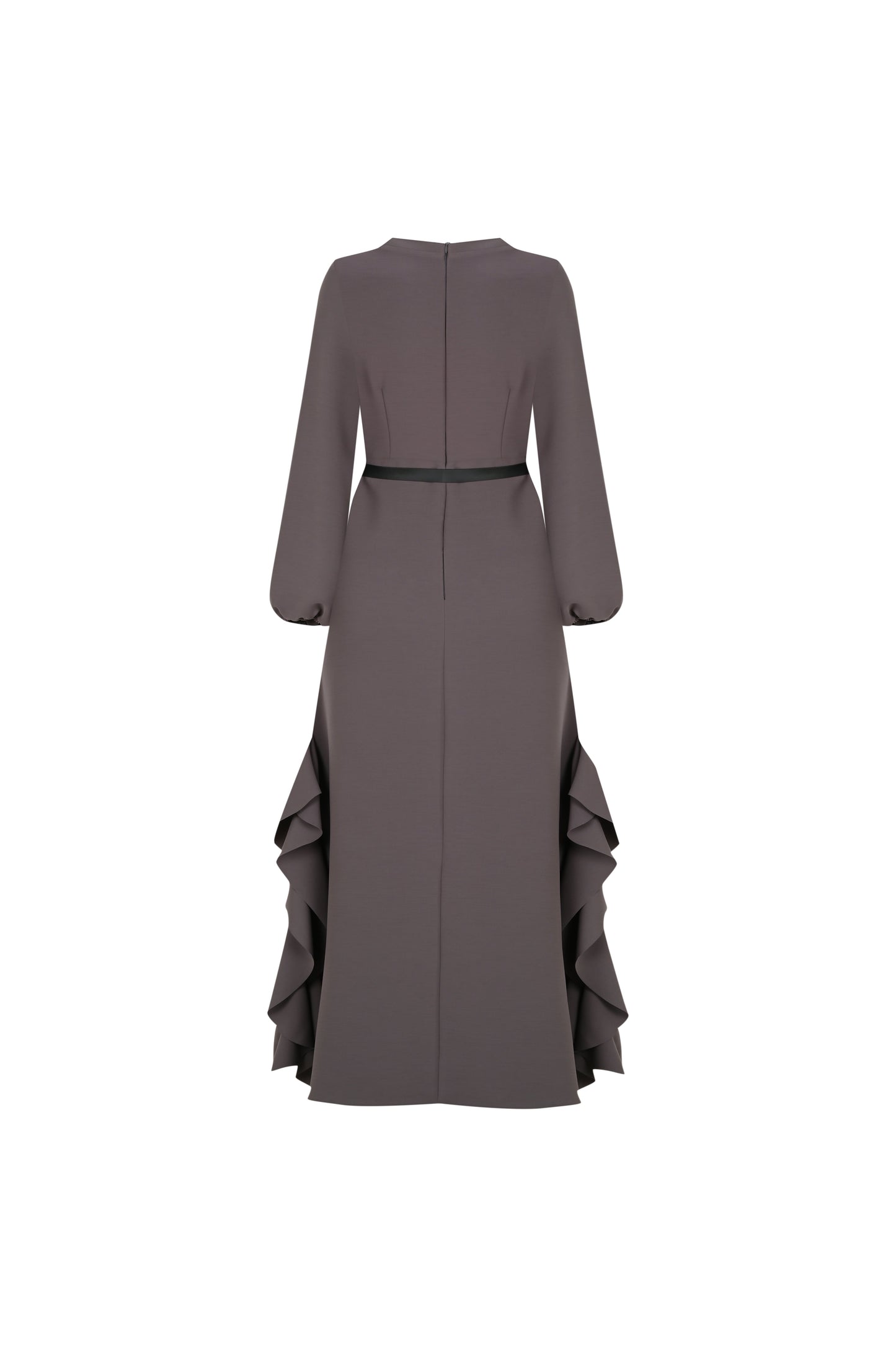 FRN LINE – Grey Long Sleeve Flared Midi Dress with Ruffled Panels for Women FRN3104
