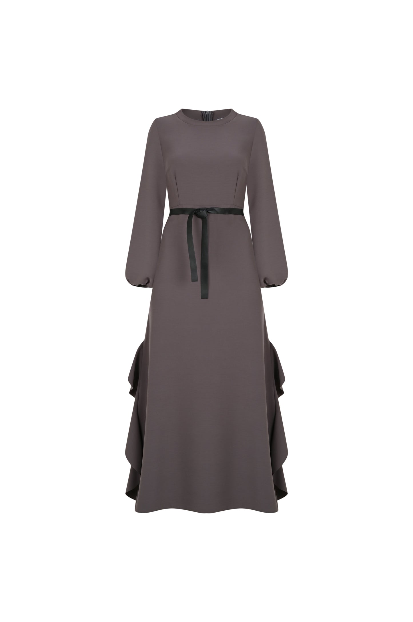 FRN LINE – Grey Long Sleeve Flared Midi Dress with Ruffled Panels for Women FRN3104