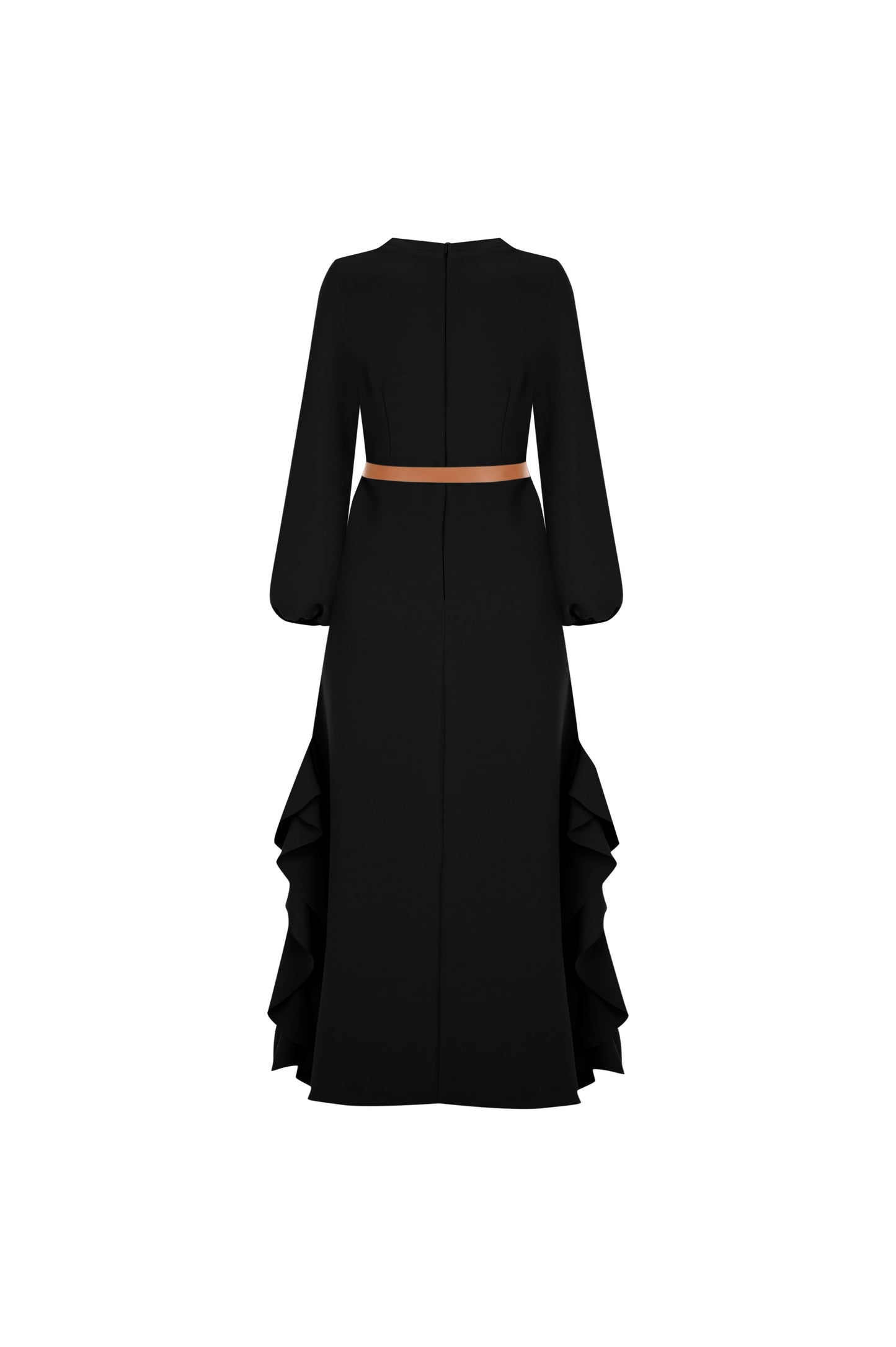FRN LINE – Black Long Sleeve Flared Midi Dress with Ruffled Panels for Women FRN3104