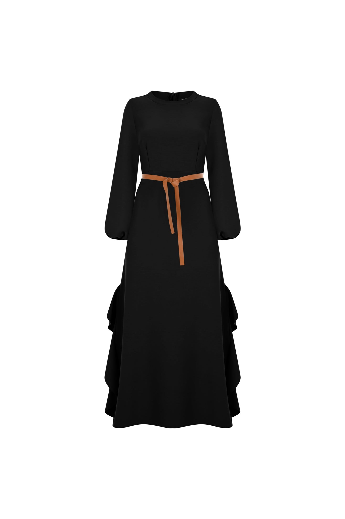FRN LINE – Black Long Sleeve Flared Midi Dress with Ruffled Panels for Women FRN3104