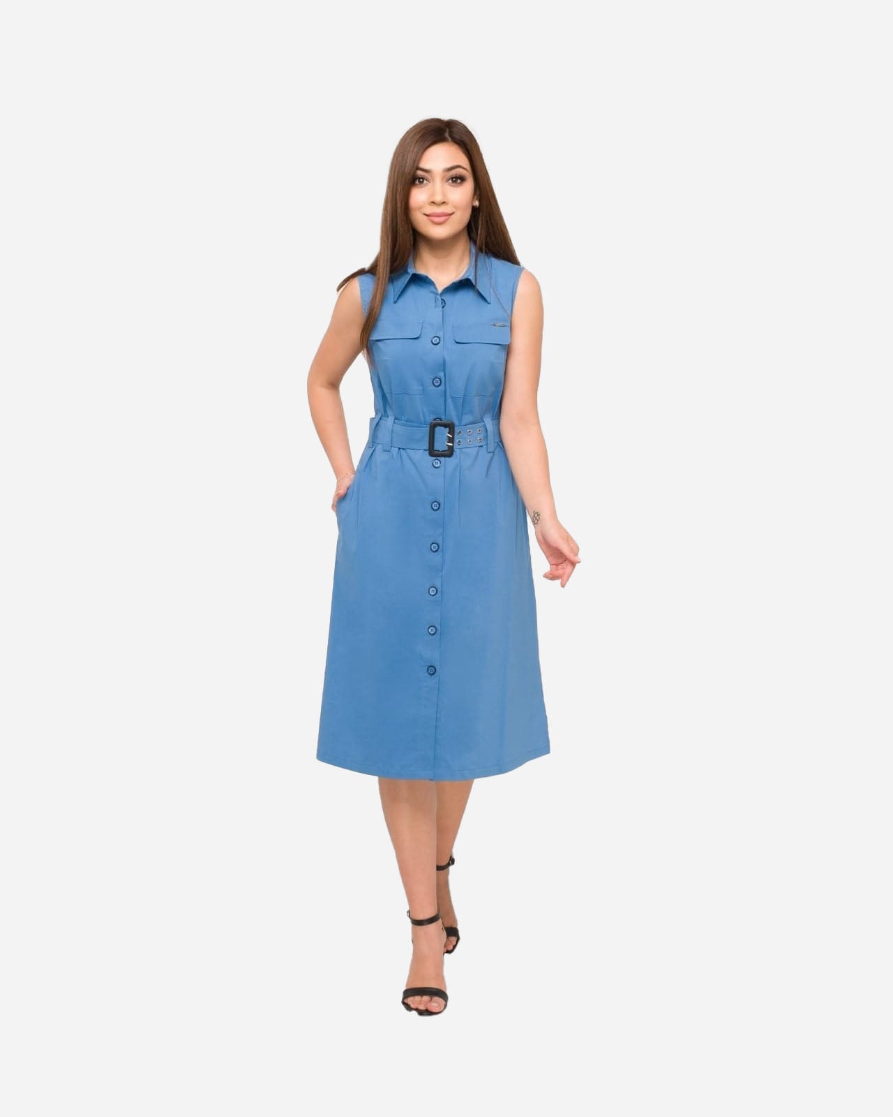 FRN LINE – Blue Belted Sleeveless Shirt Dress for Women FRN30397