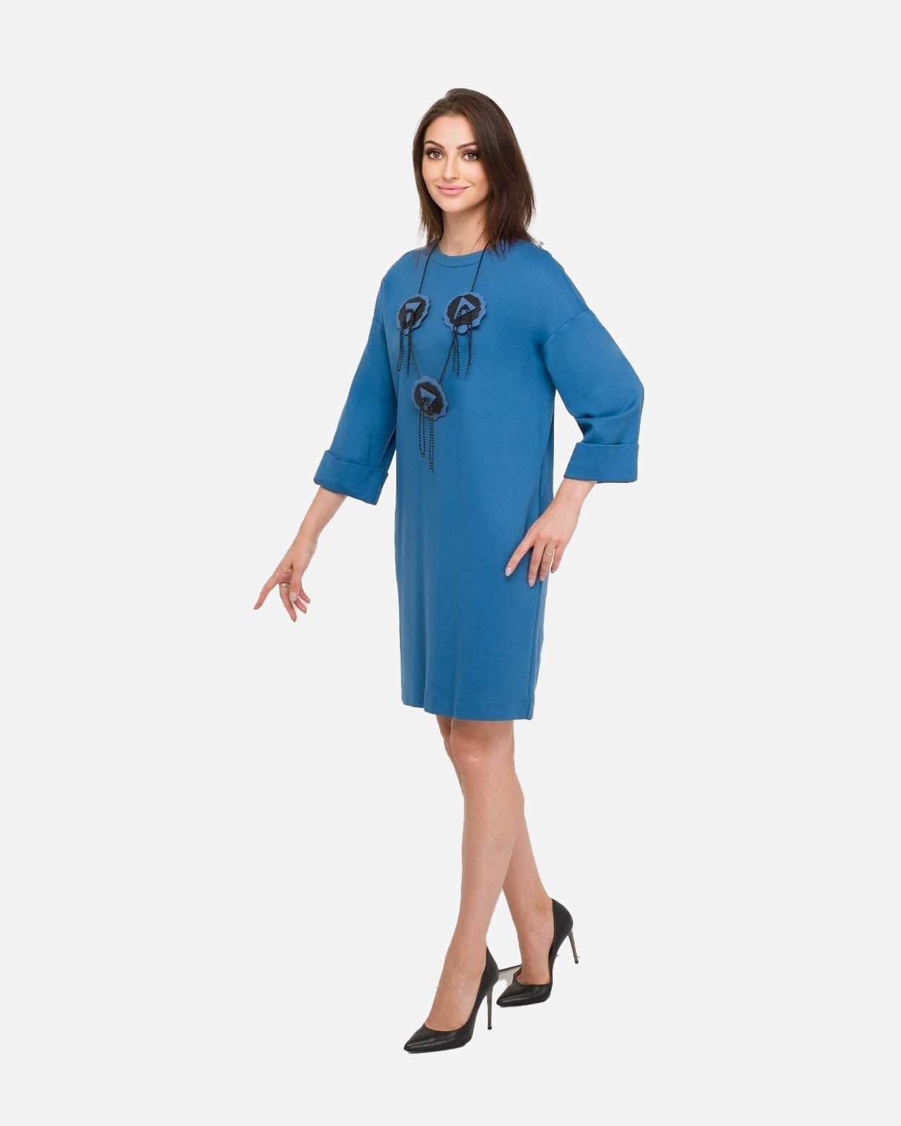 FRN LINE – Blue Embellished Knit Dress with Appliqué for Women FRN3105