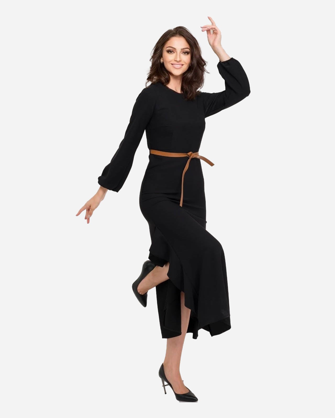 FRN LINE – Black Long Sleeve Flared Midi Dress with Ruffled Panels for Women FRN3104