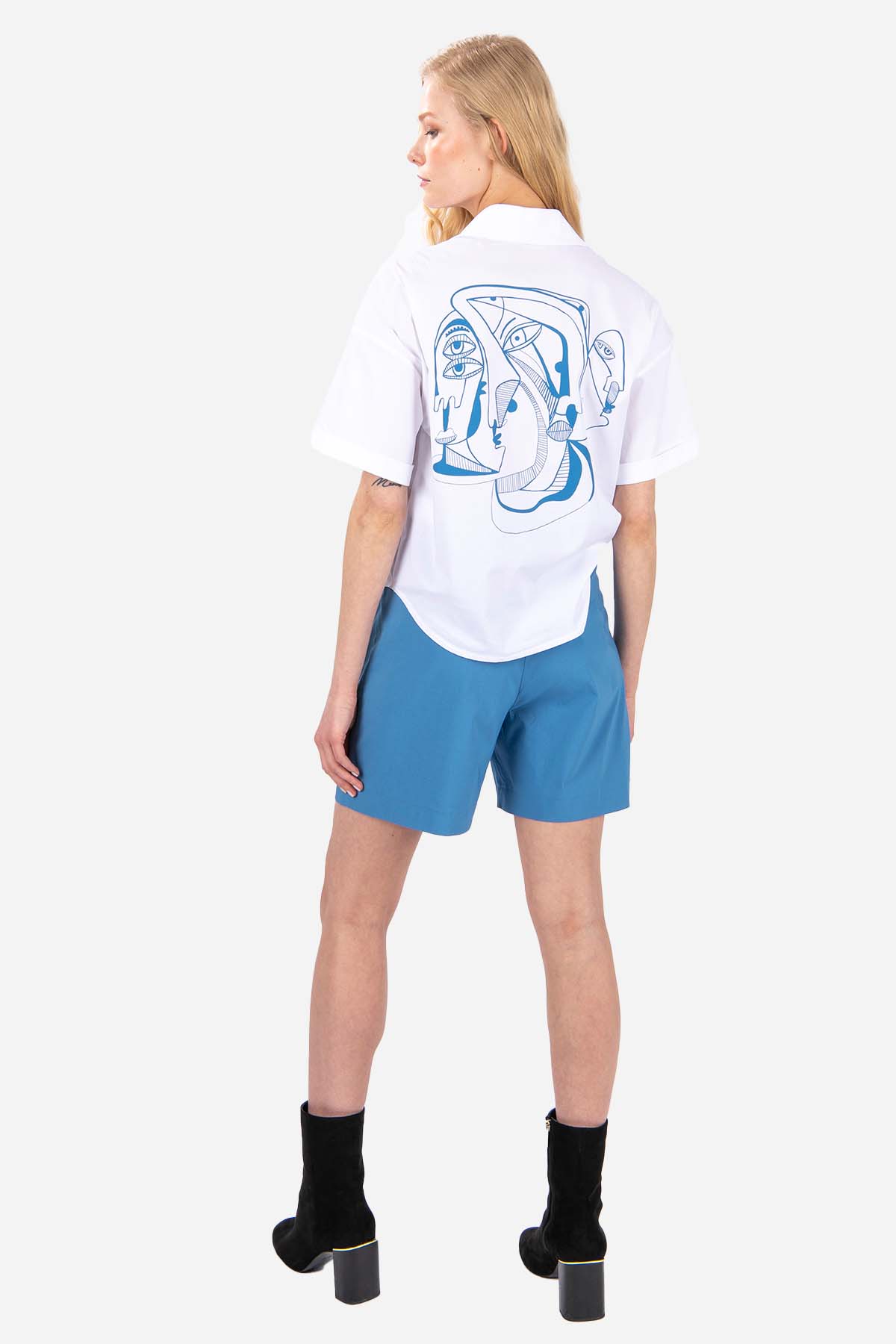 FRN LINE – Blue Abstract Print Short Sleeve Shirt for Women FRN6003