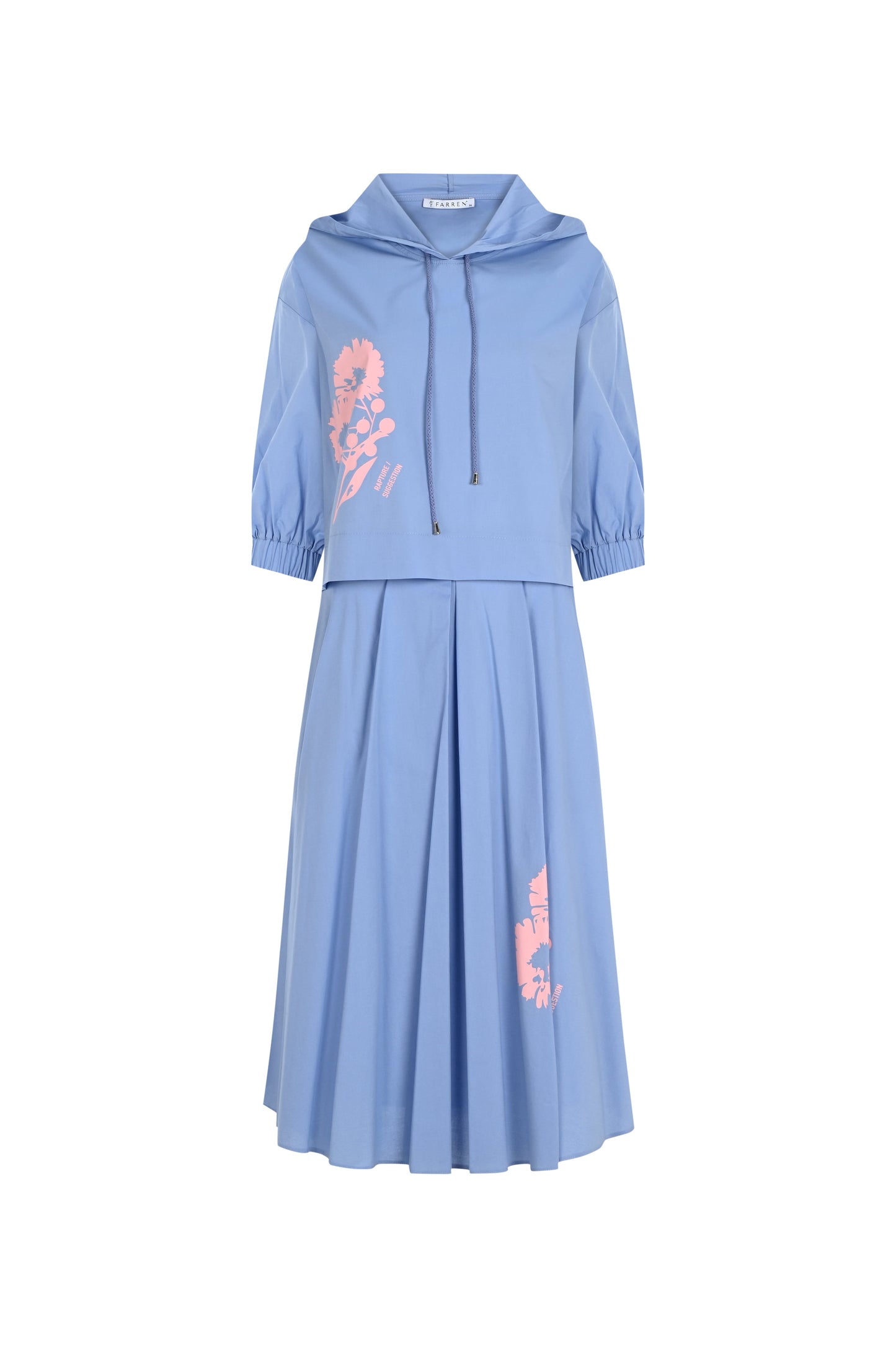 FRN LINE – Blue Hooded Floral Printed Two-Piece Set