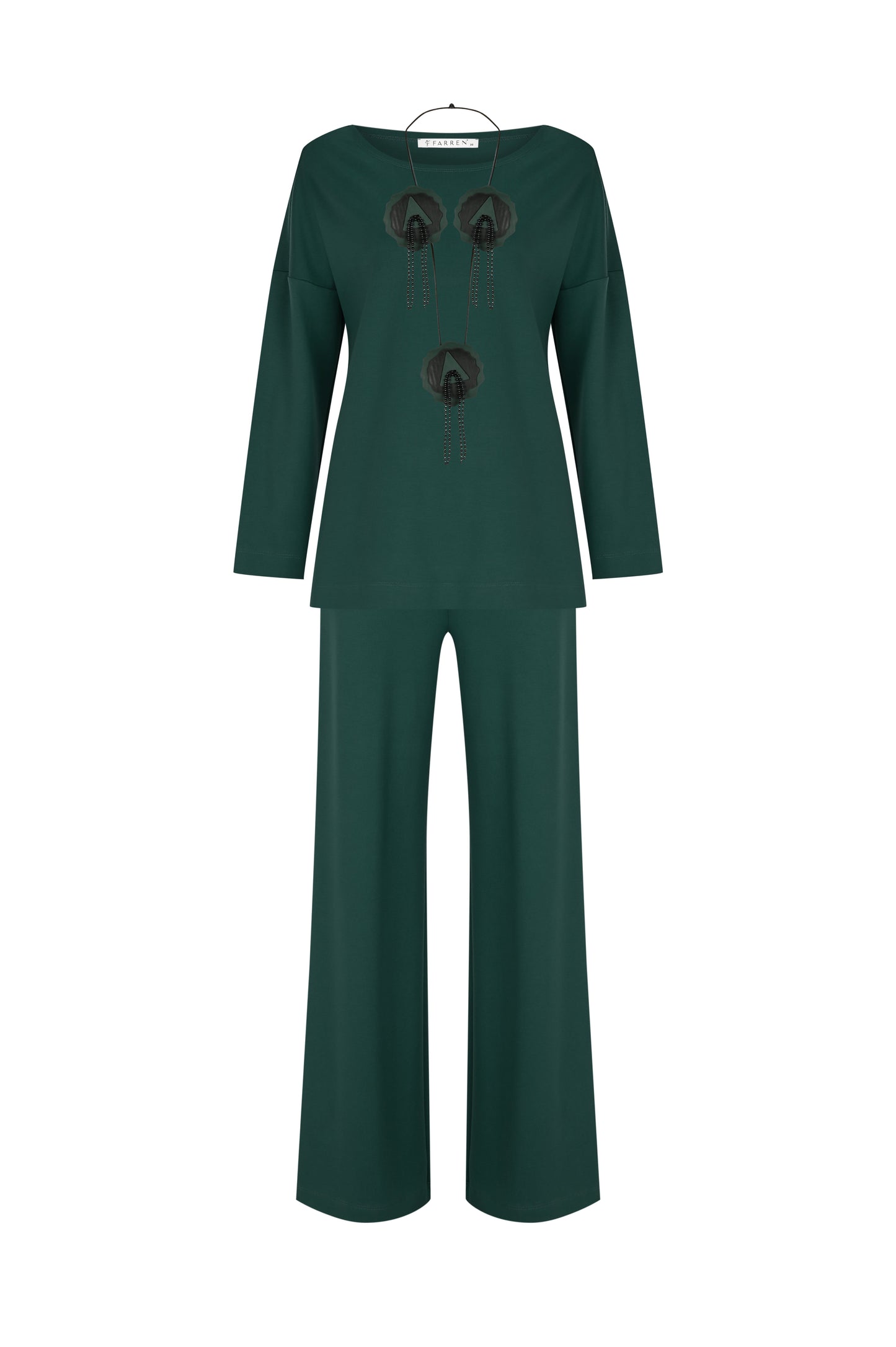 FRN LINE – Green Knit Flared-Leg Set with Appliqué Detail for Women FRN6101
