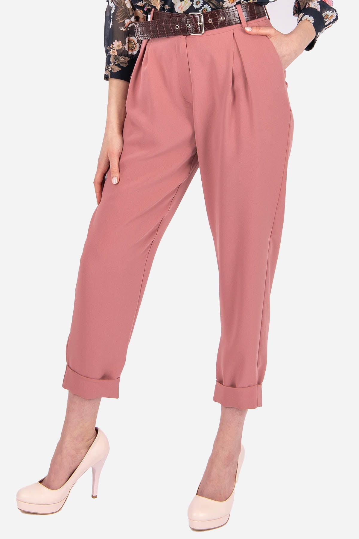 FRN LINE – Pink Pleated Tapered Trousers with Belt for Women FRN2000