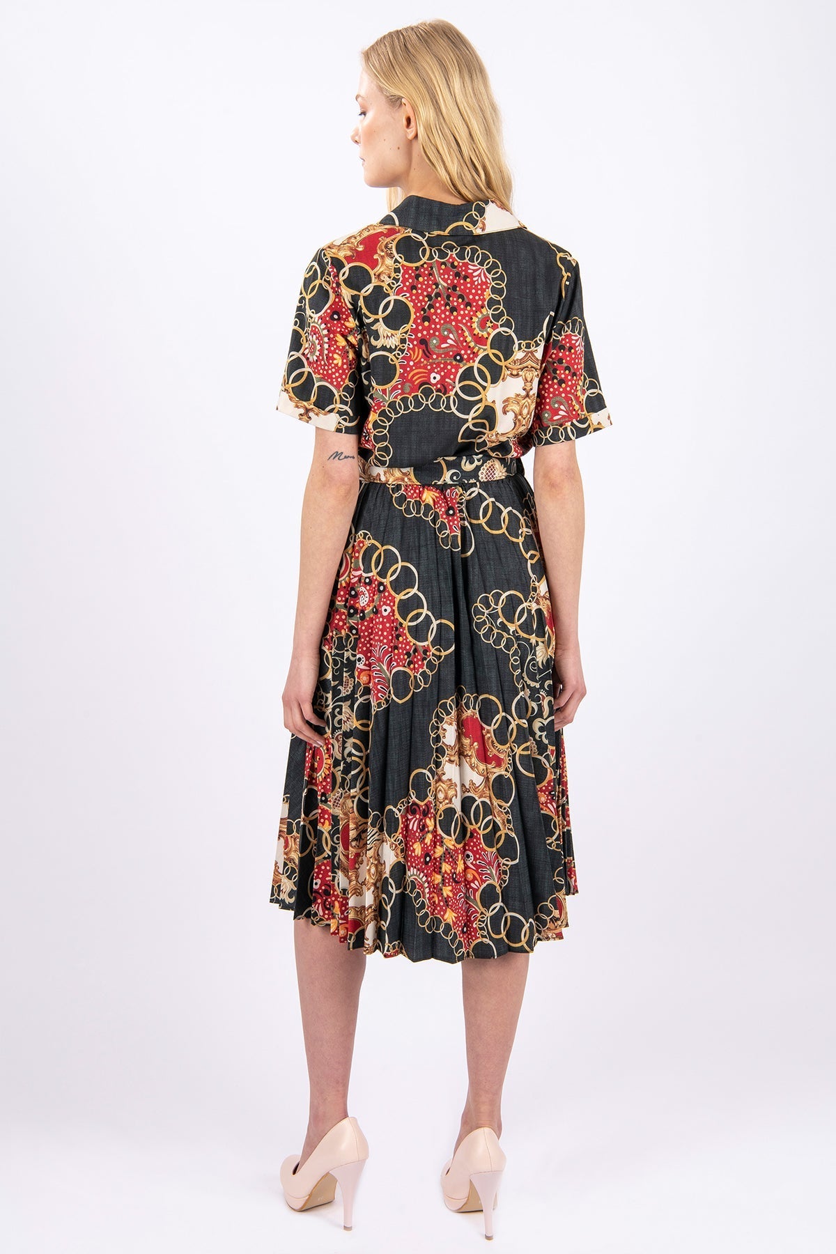 FRN LINE – Black Printed Pleated Shirt Dress for Women FRN3005