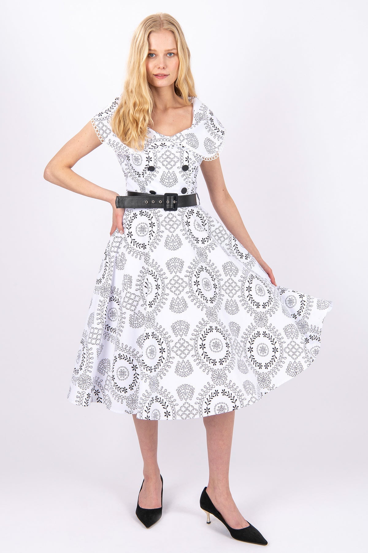 FRN LINE – Black Broderie Dress with Guipure Collar for Women