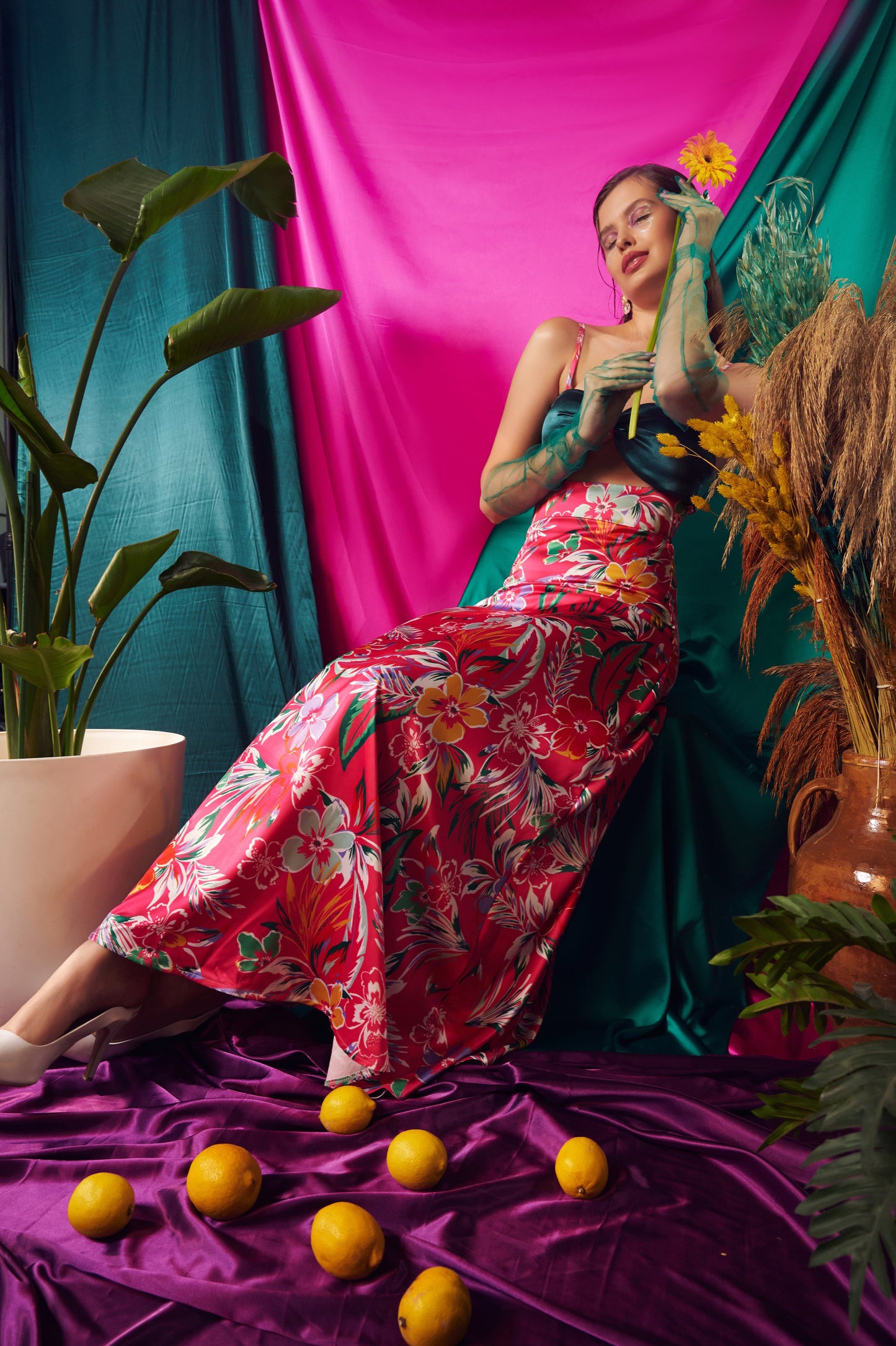 Rhea – Plunge Gown in Emerald Tropic