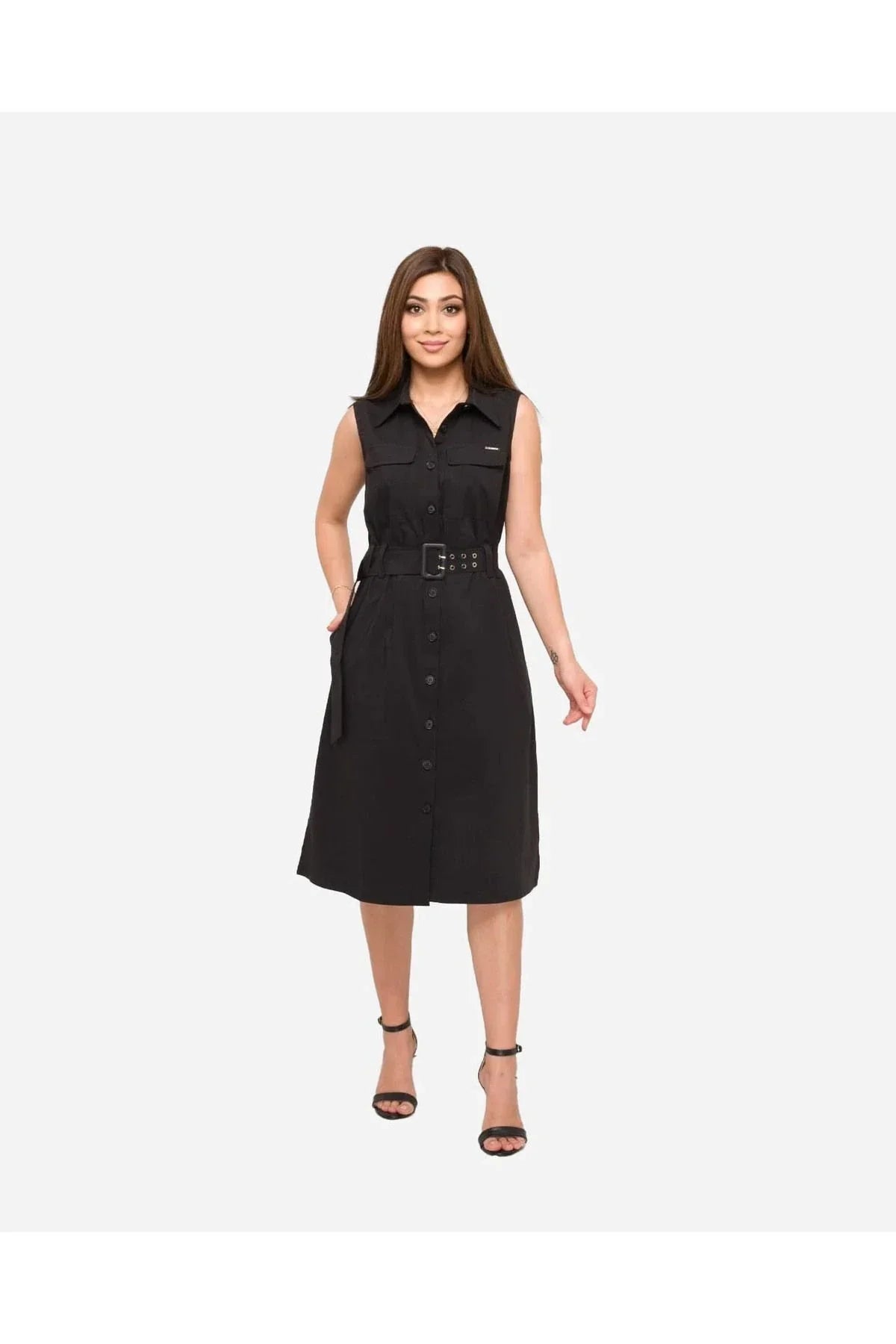 FRN LINE – Black Belted Sleeveless Shirt Dress for Women FRN30397