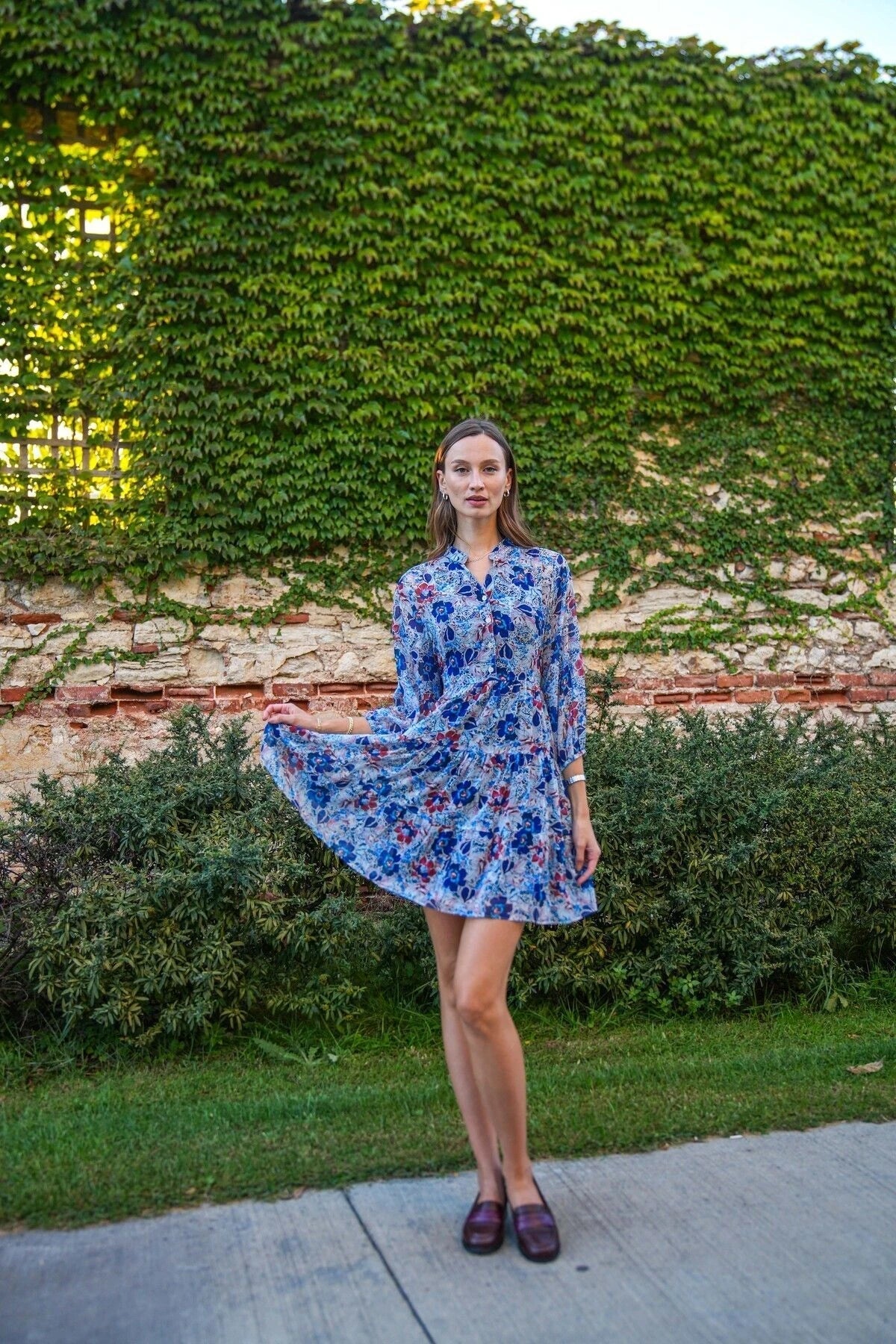 FRN LINE – Blue Floral Layered Long Sleeve Chiffon Dress for Women FRN30382