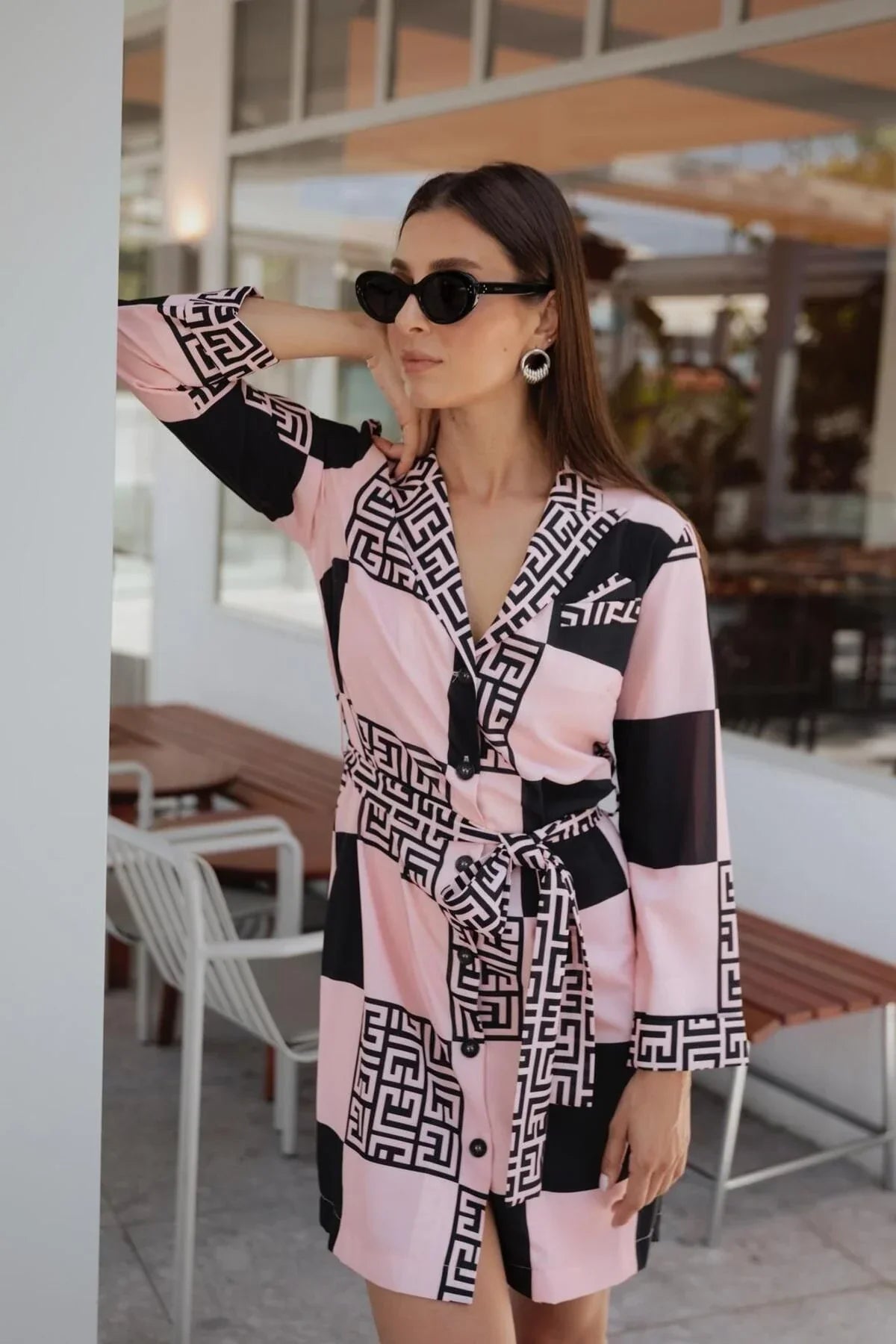 FRN LINE – Pink Printed Blazer-Collar Mini Dress for Women