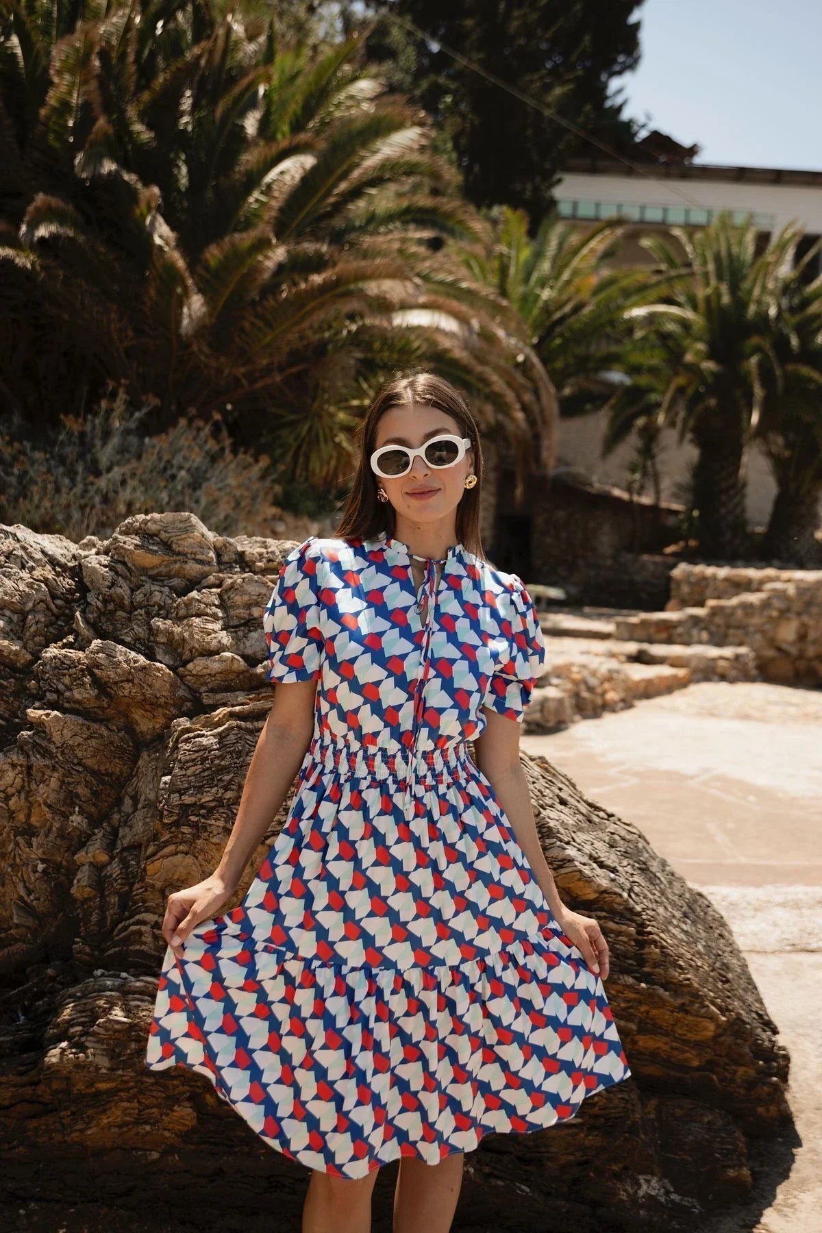 FRN LINE – Blue Geometric Printed Short Sleeve Midi Dress for Women FRN30389