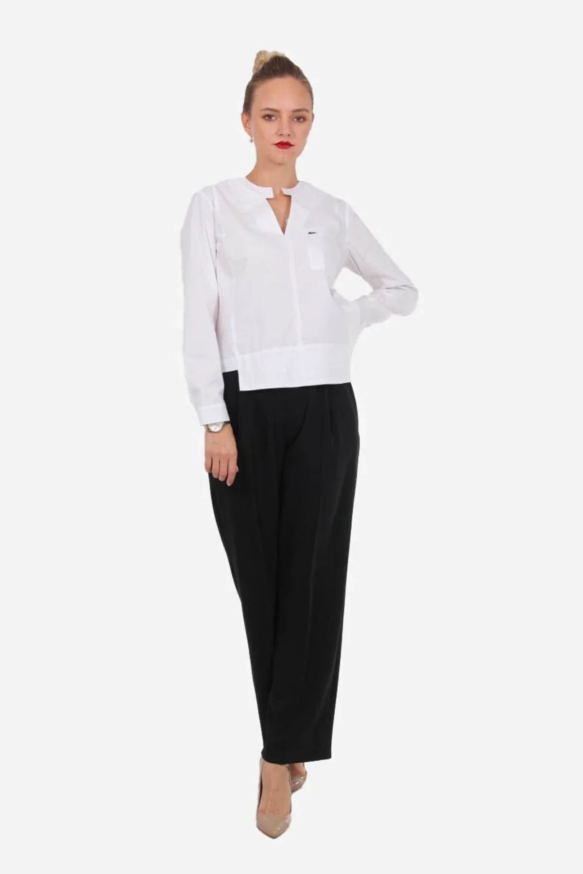 FRN LINE – White Poplin Long Sleeve Pocket Blouse for Women FRN1104
