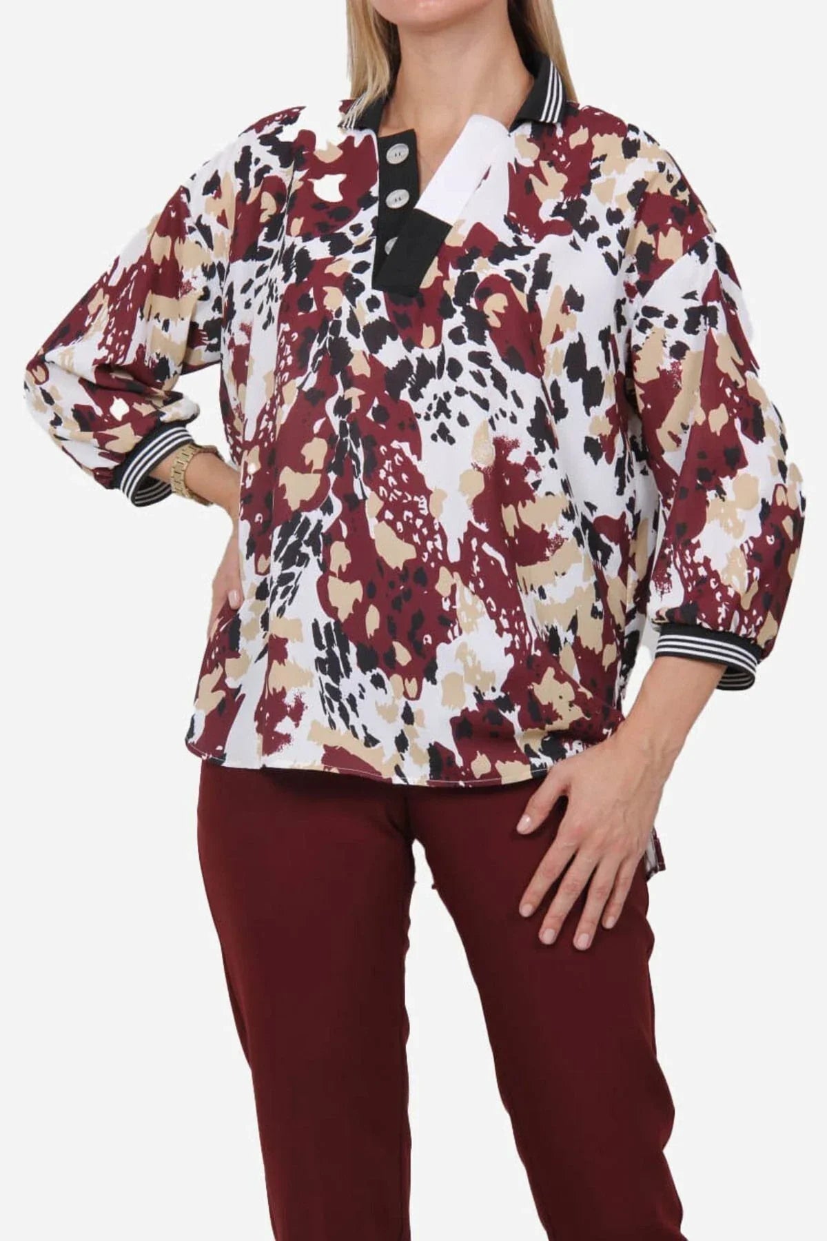 FRN LINE – Red Patterned Ribbed Buttoned Blouse for Women FRN1106