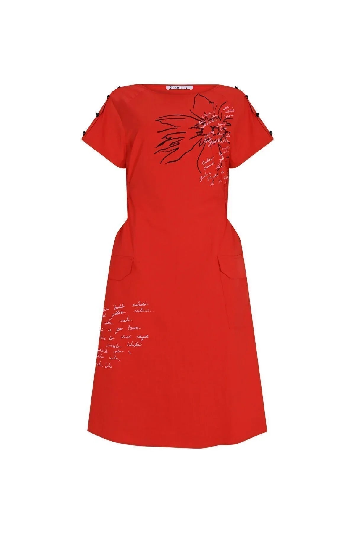 FRN LINE – Red Floral Script Print Pocket Midi Dress for Women FRN30398