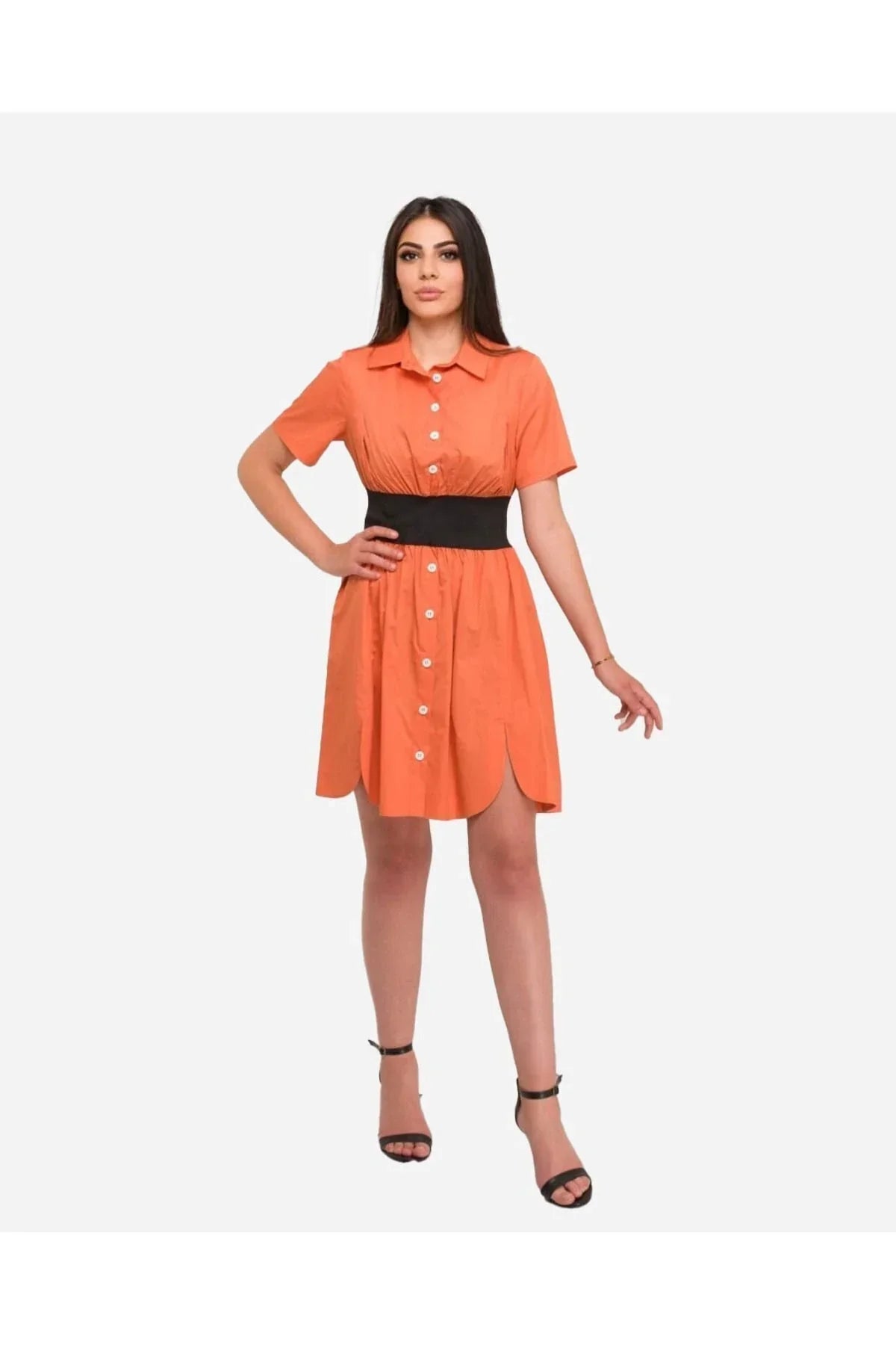 FRN LINE – Orange Colorblock Waist Cotton Shirt Dress for Women FRN30381