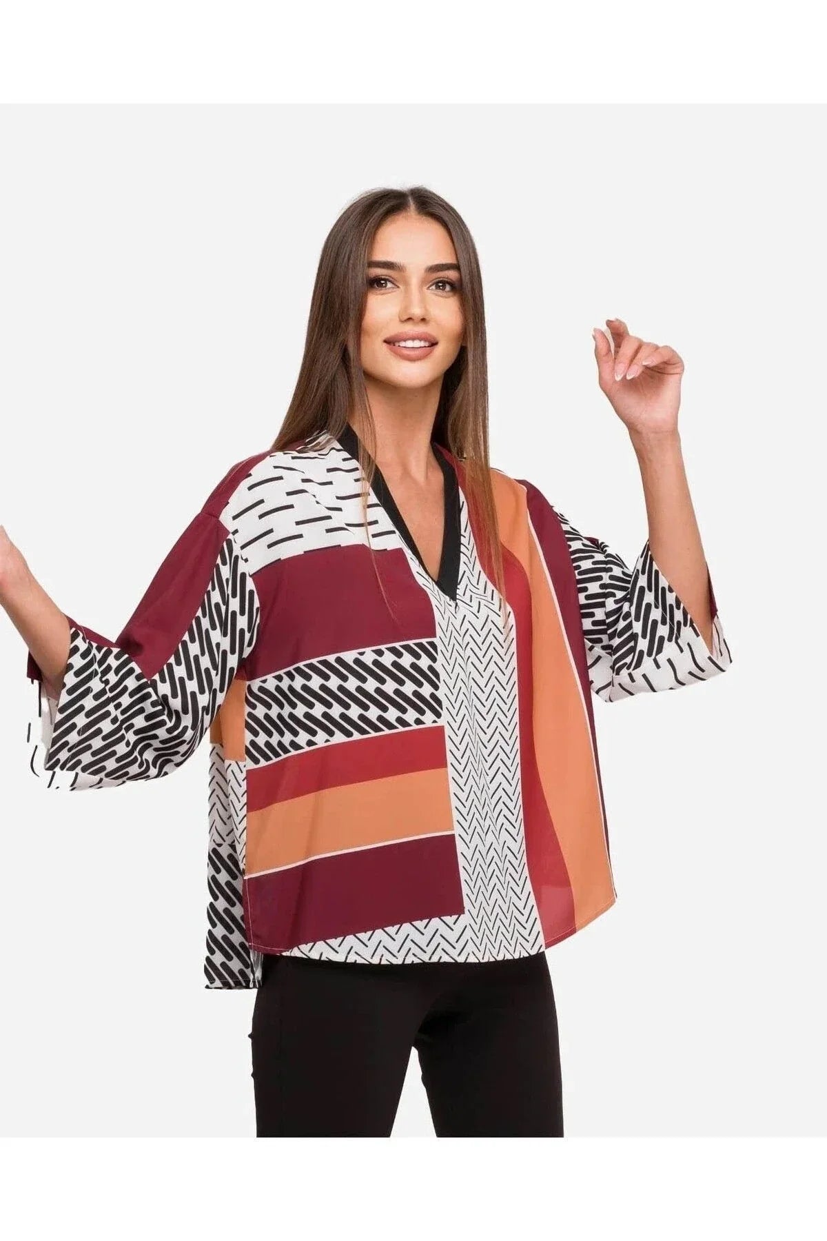 FRN LINE – Red Patterned V-Neck Wide Sleeve Blouse for Women FRN1103