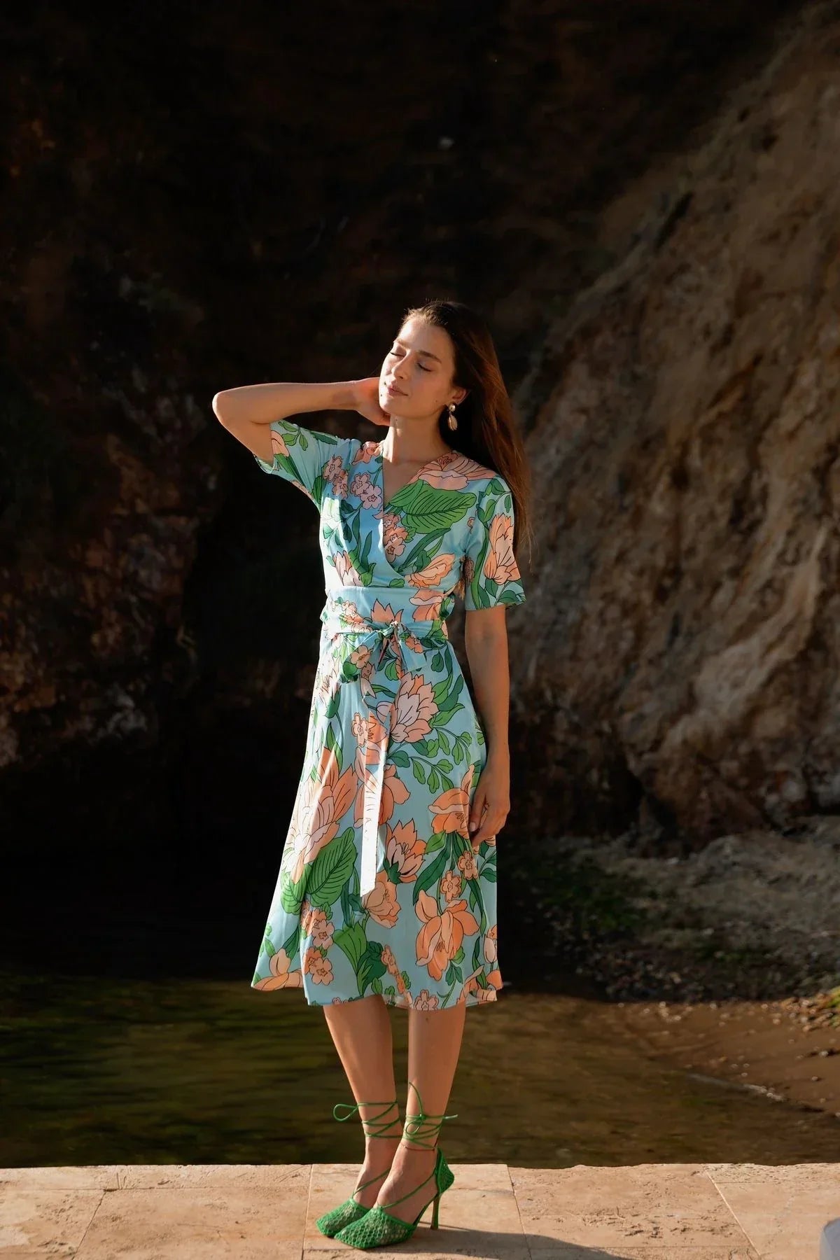 FRN LINE – Mint Green Bold Floral Print Satin Wrap Dress for Women FRN30383