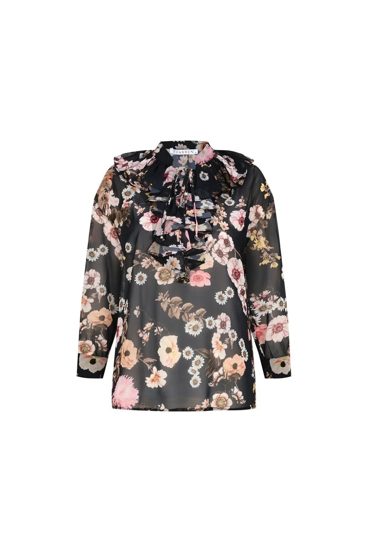 FRN LINE – Navy Floral Patterned Ruffled Neck Chiffon Blouse with Inner Camisole for Women FRN1001
