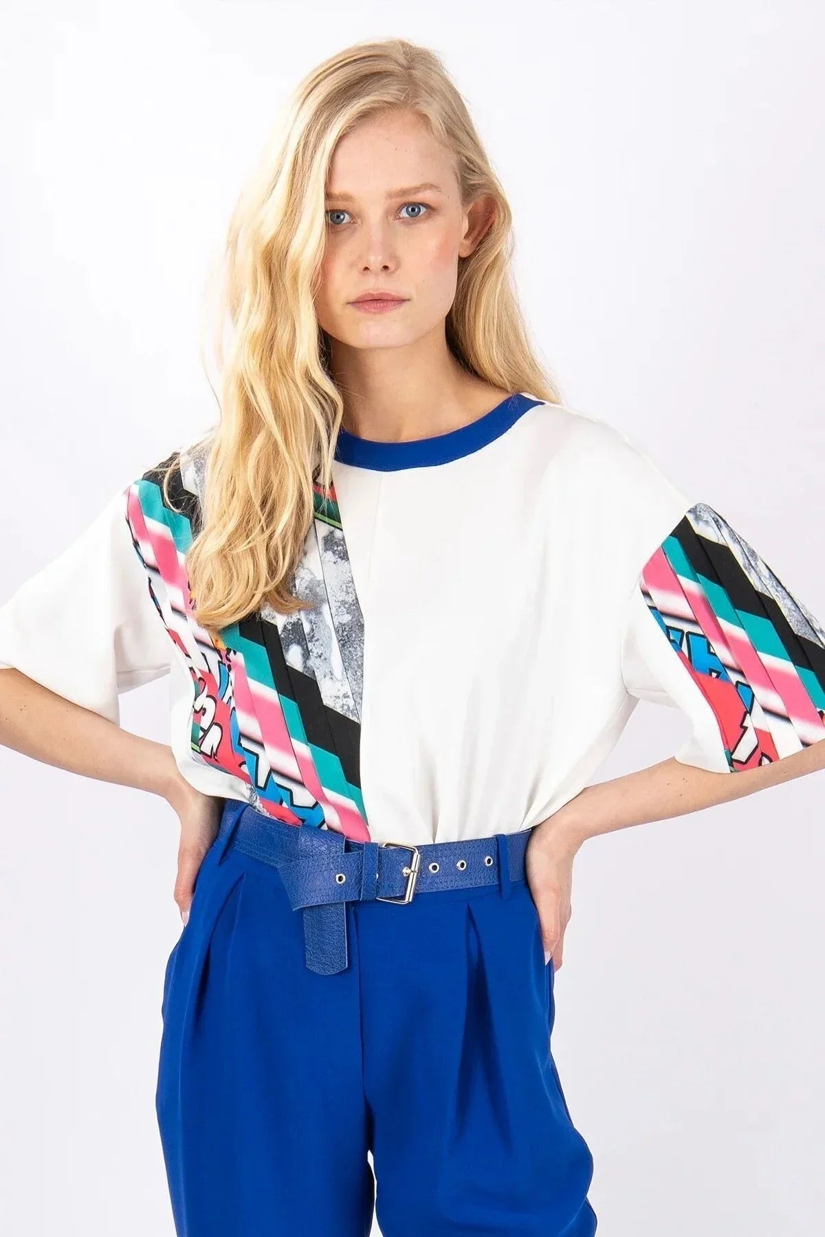 FRN LINE – Navy Blue Blouse with Asymmetrical Pleated Patterned Panel for Women FRN1006