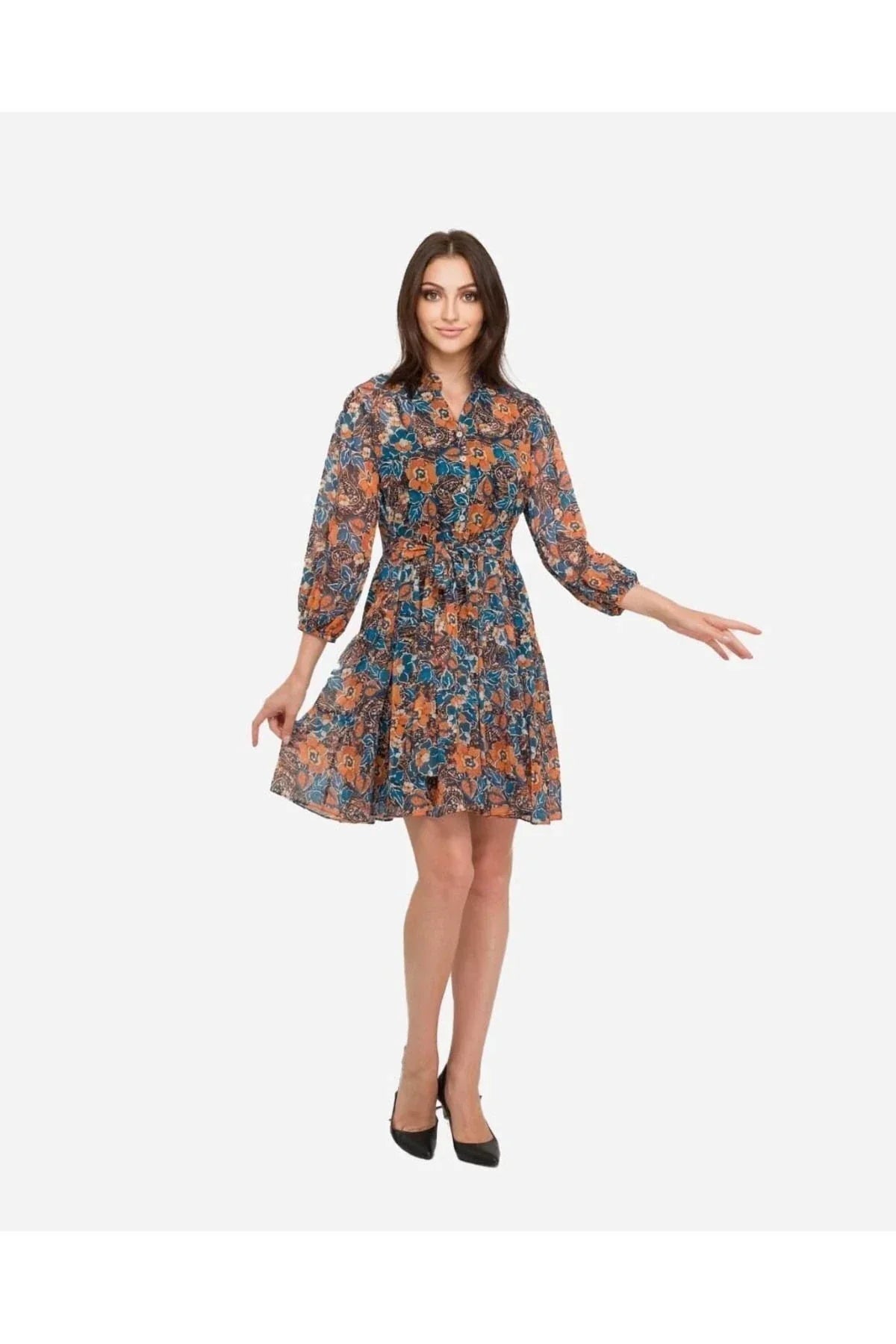 FRN LINE – Orange & Blue Floral Layered Long Sleeve Chiffon Dress for Women FRN30382