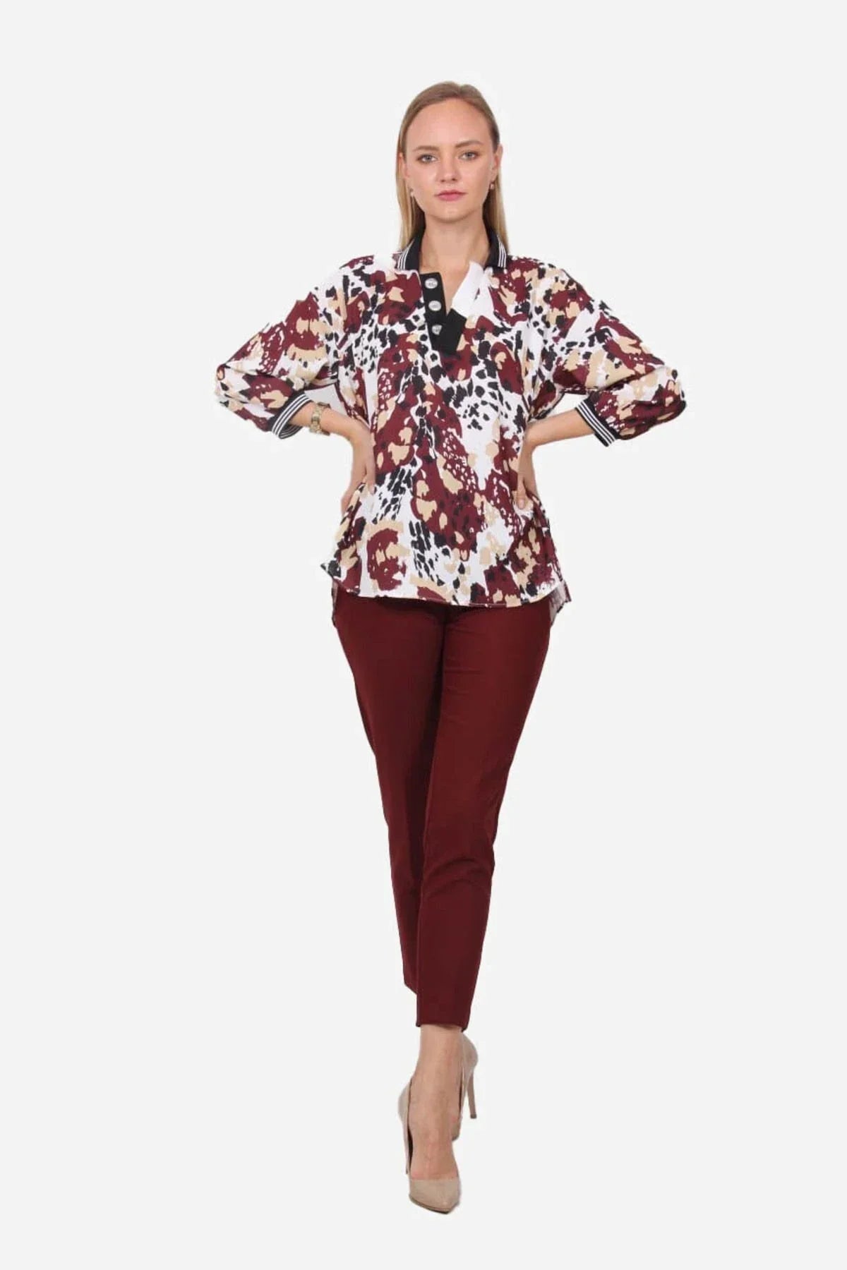 FRN LINE – Red Patterned Ribbed Buttoned Blouse for Women FRN1106