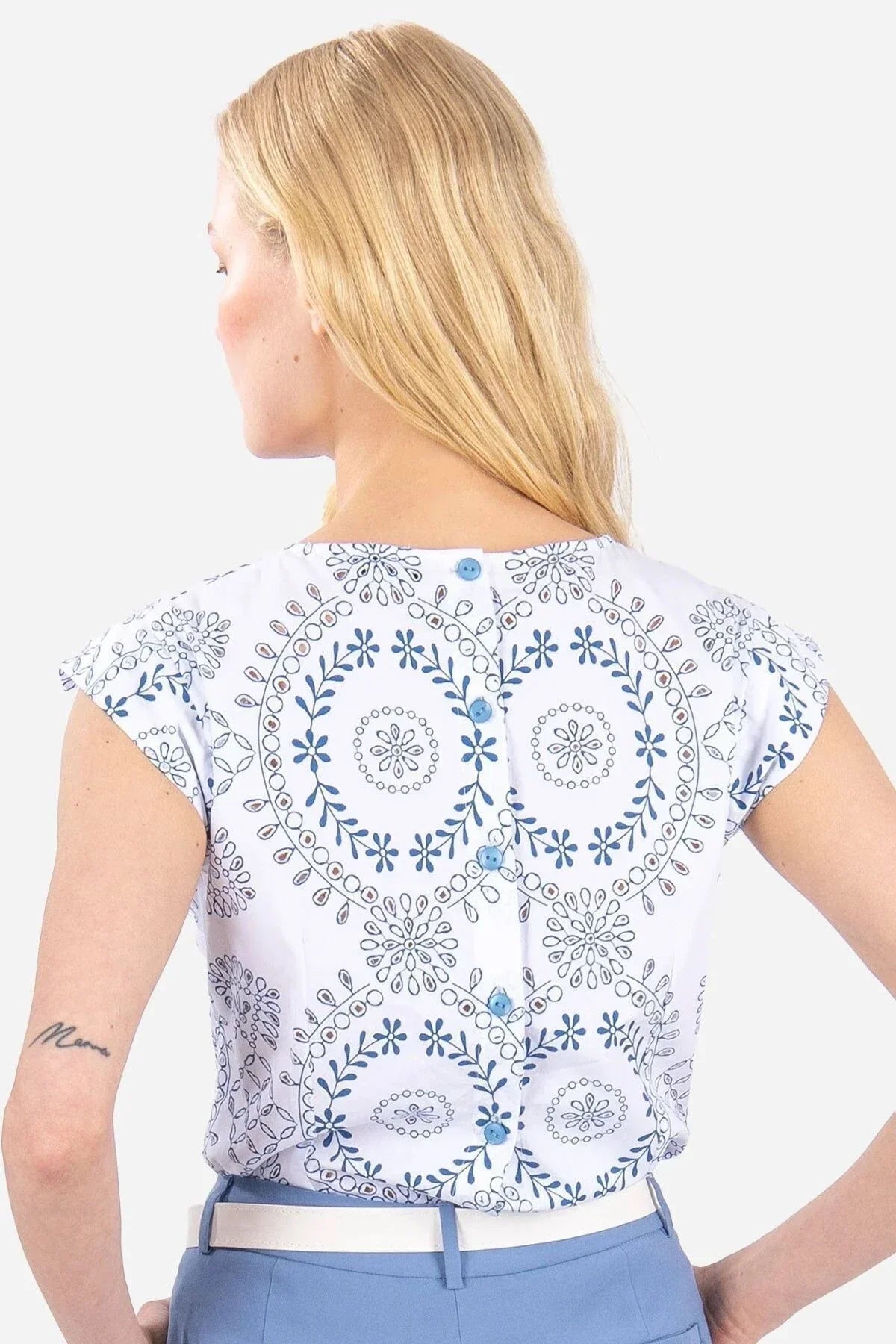 FRN LINE – Blue Ethnic Pattern Buttoned Blouse