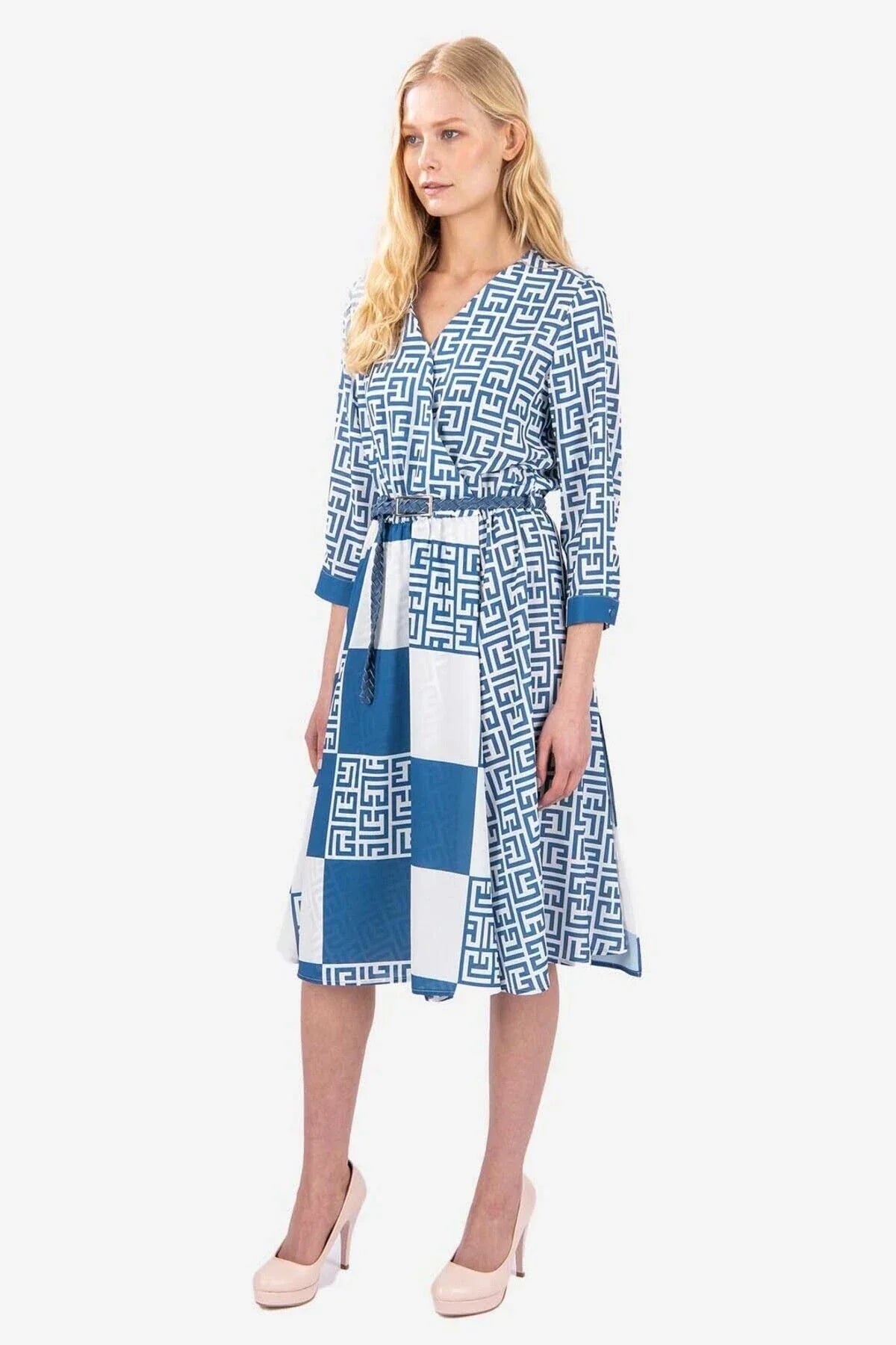 FRN LINE – Blue Printed Midi Dress for Women