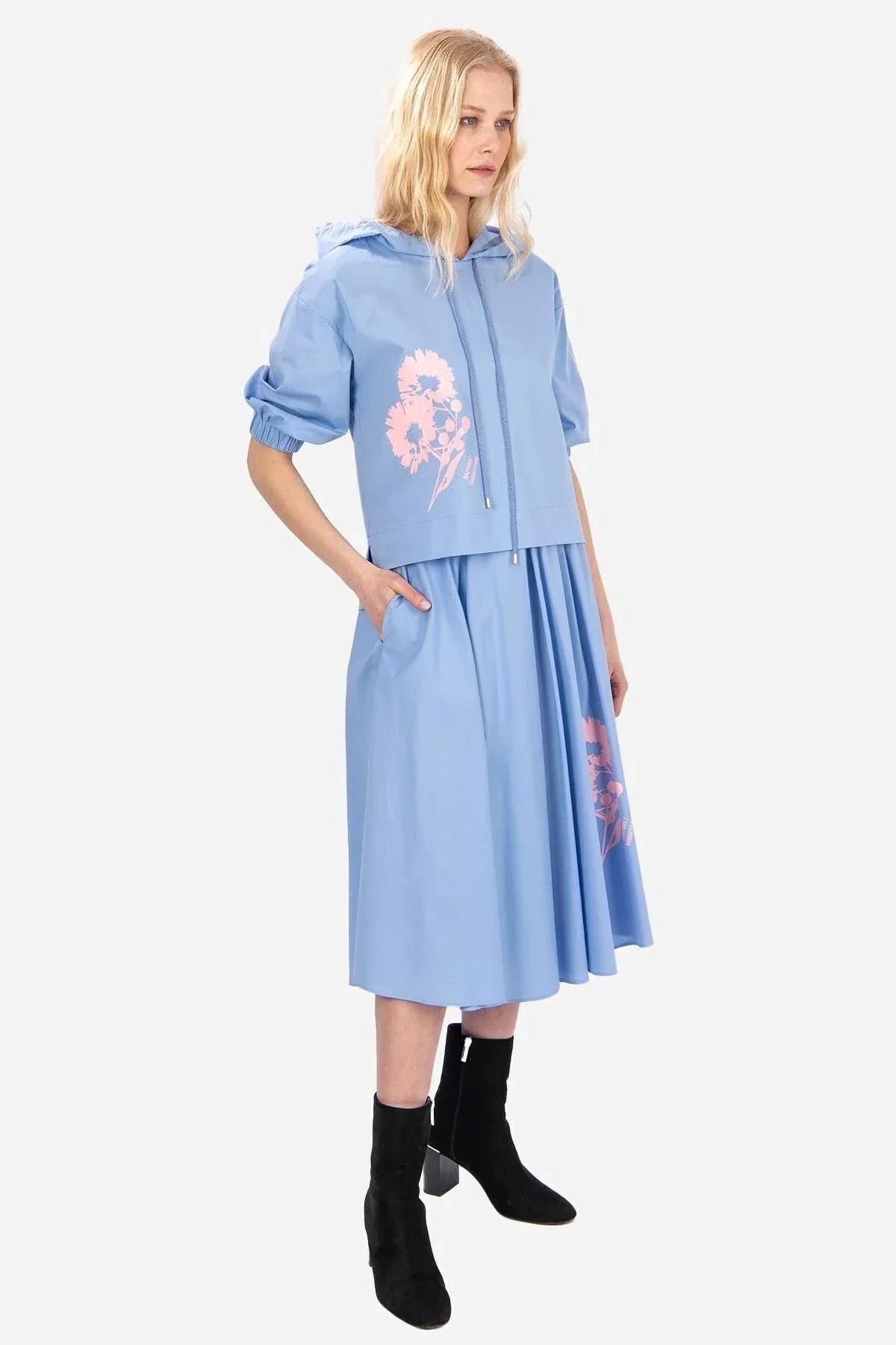 FRN LINE – Blue Hooded Floral Printed Two-Piece Set