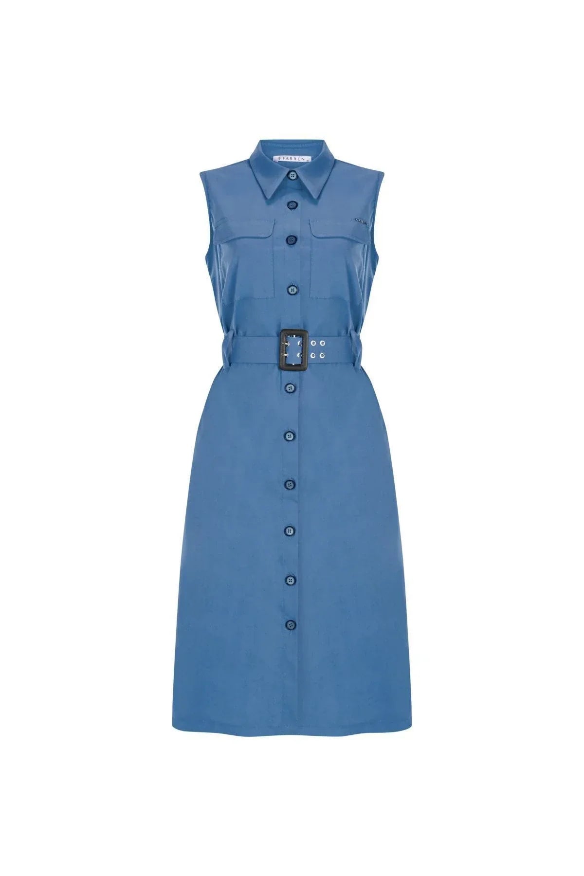 FRN LINE – Blue Belted Sleeveless Shirt Dress for Women FRN30397