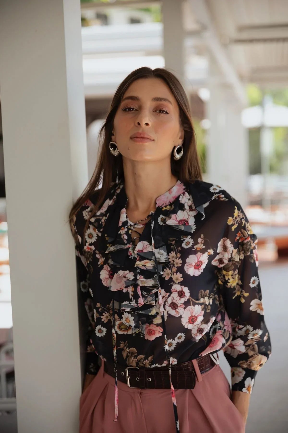 FRN LINE – Navy Floral Patterned Ruffled Neck Chiffon Blouse with Inner Camisole for Women FRN1001