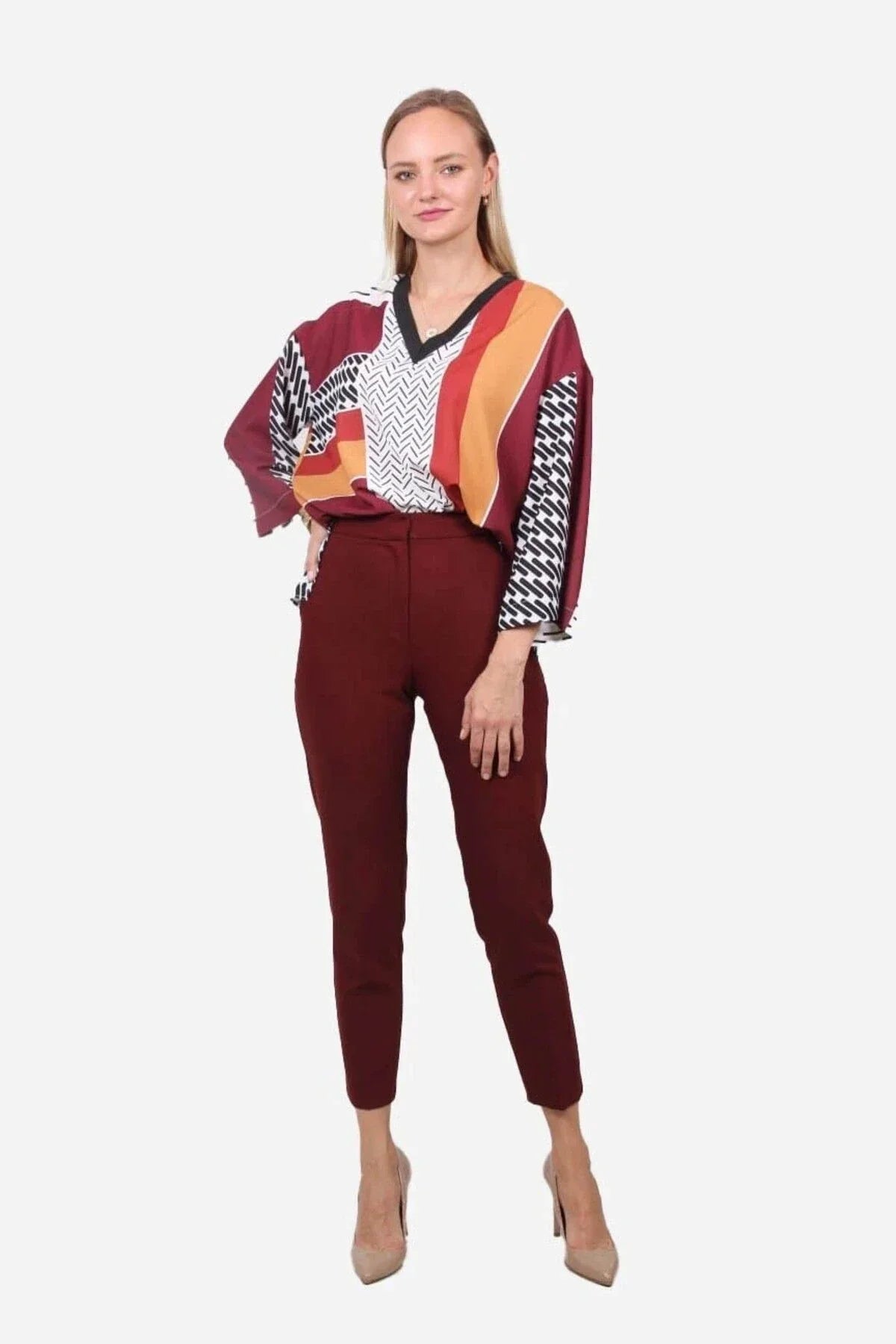 FRN LINE – Red Patterned V-Neck Wide Sleeve Blouse for Women FRN1103