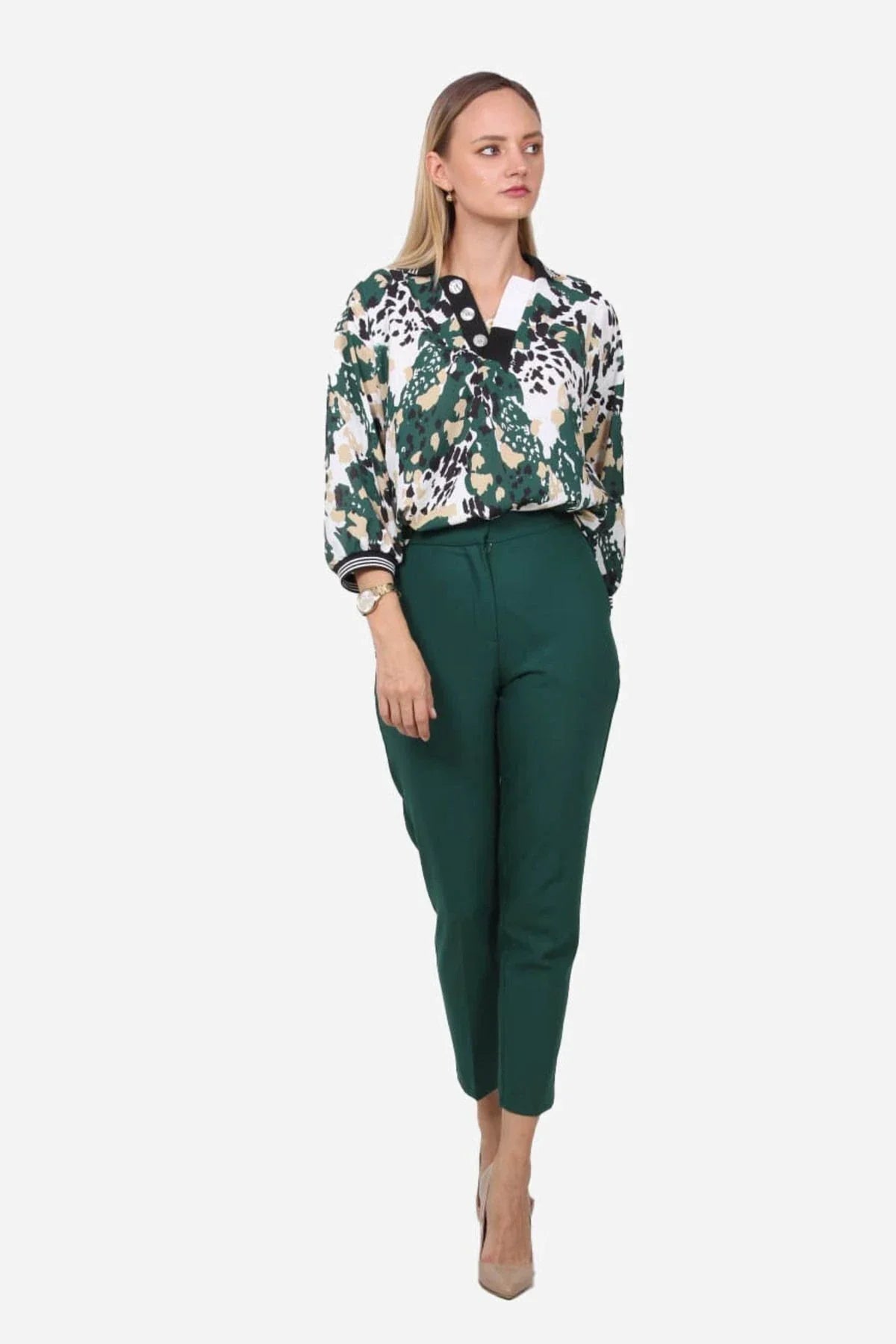 FRN LINE – Green Patterned Ribbed Buttoned Blouse for Women FRN1106