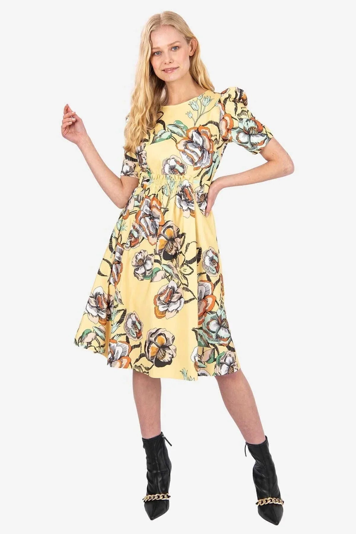 FRN LINE – Yellow Floral Elastic-Waist Dress for Women