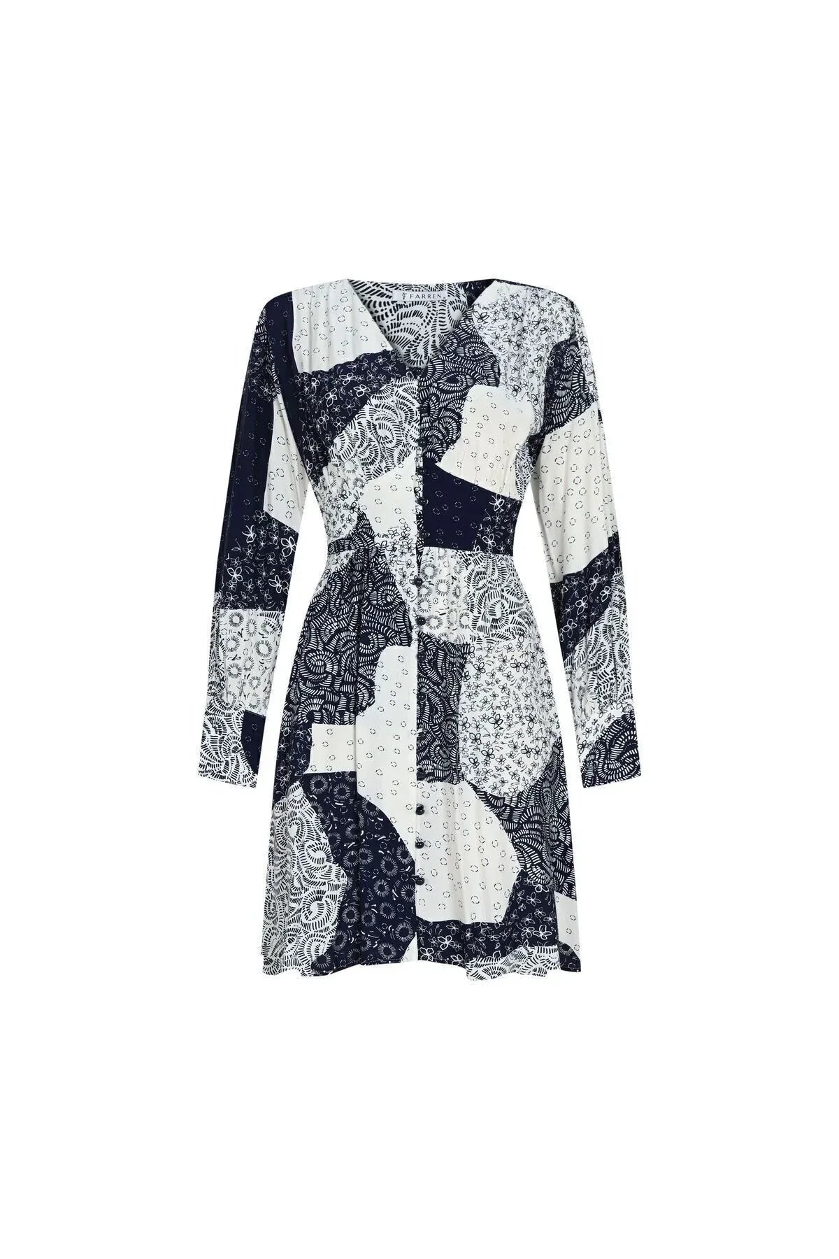 FRN LINE – White Patchwork Printed Long Sleeve Mini Dress for Women FRN30385