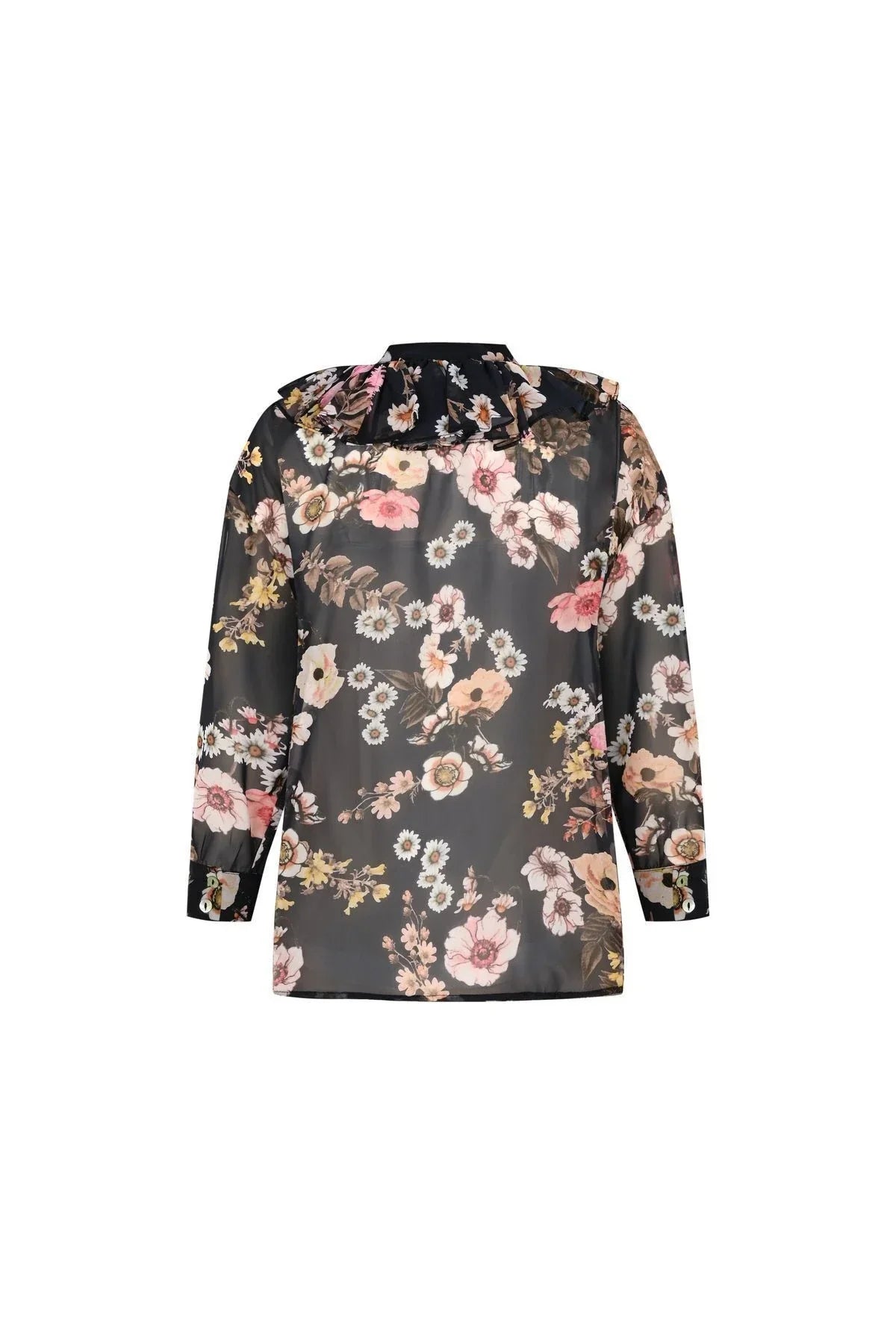 FRN LINE – Navy Floral Patterned Ruffled Neck Chiffon Blouse with Inner Camisole for Women FRN1001