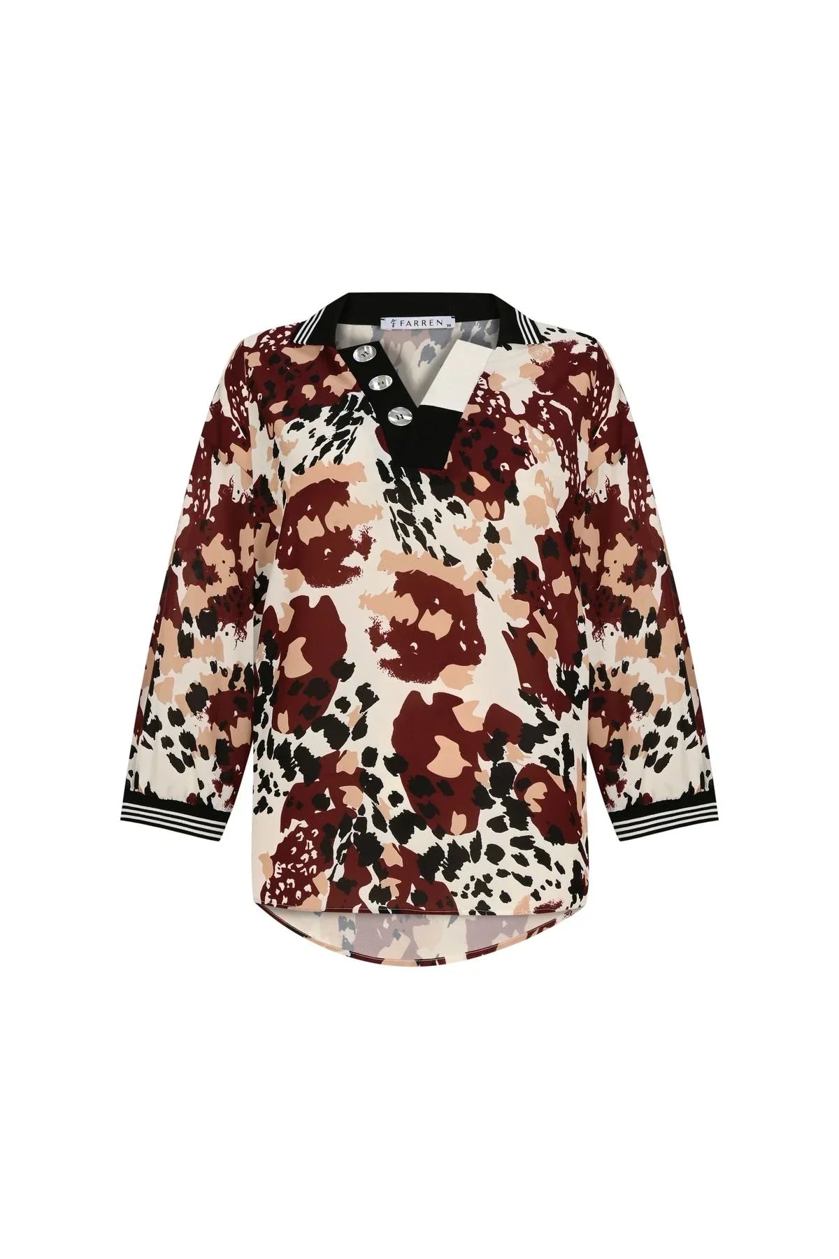 FRN LINE – Red Patterned Ribbed Buttoned Blouse for Women FRN1106