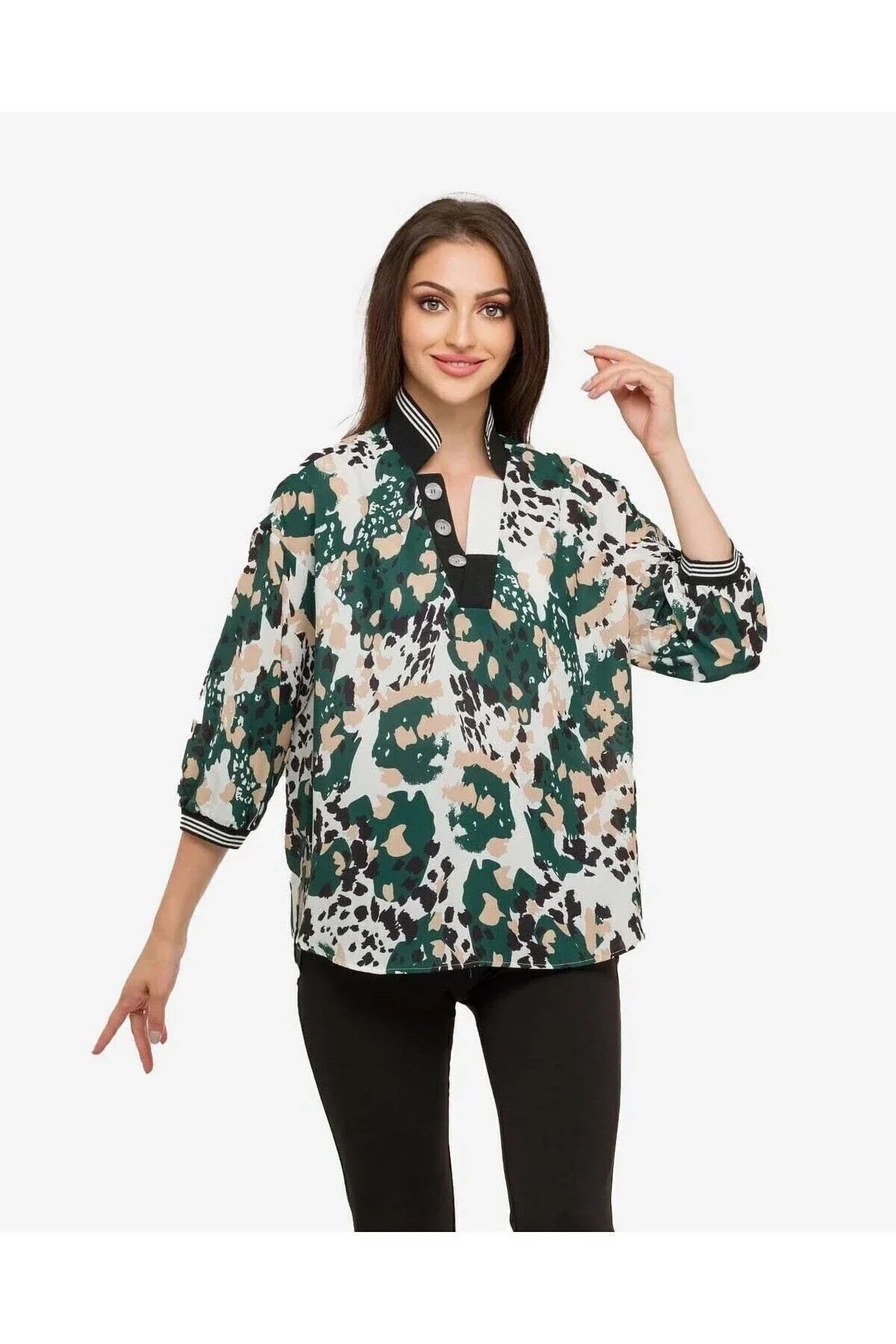 FRN LINE – Green Patterned Ribbed Buttoned Blouse for Women FRN1106