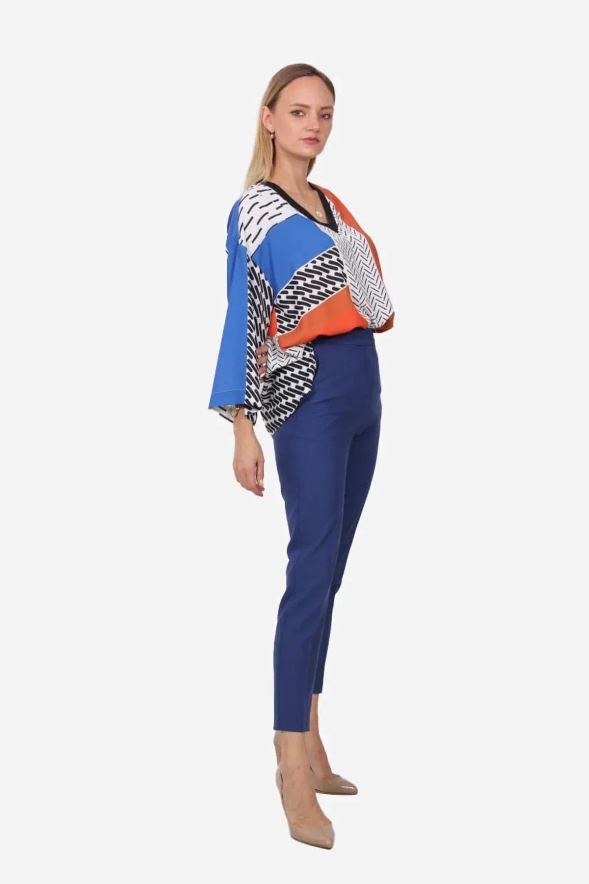 FRN LINE – Blue Patterned V-Neck Wide Sleeve Blouse for Women FRN1103