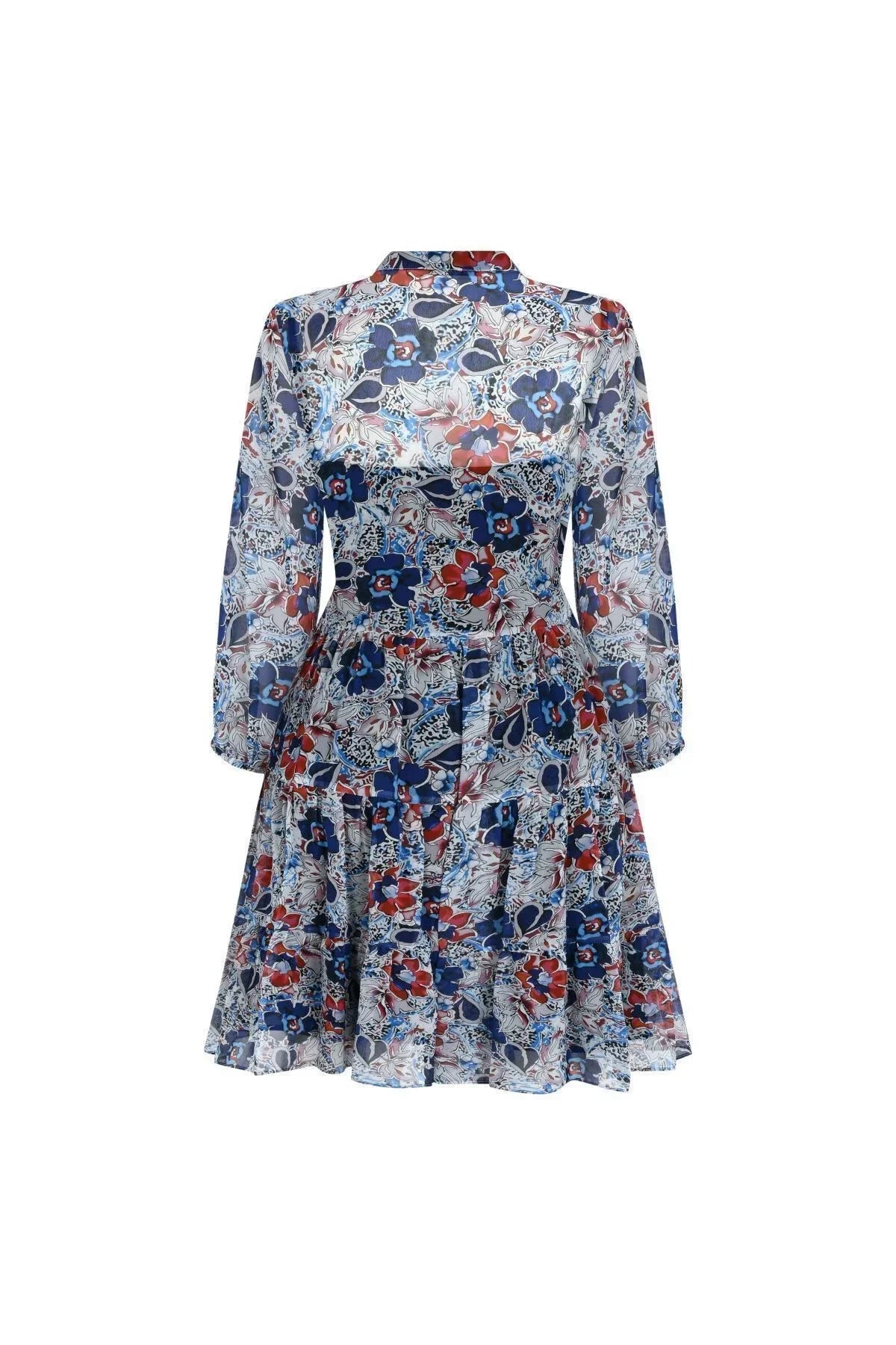 FRN LINE – Blue Floral Layered Long Sleeve Chiffon Dress for Women FRN30382